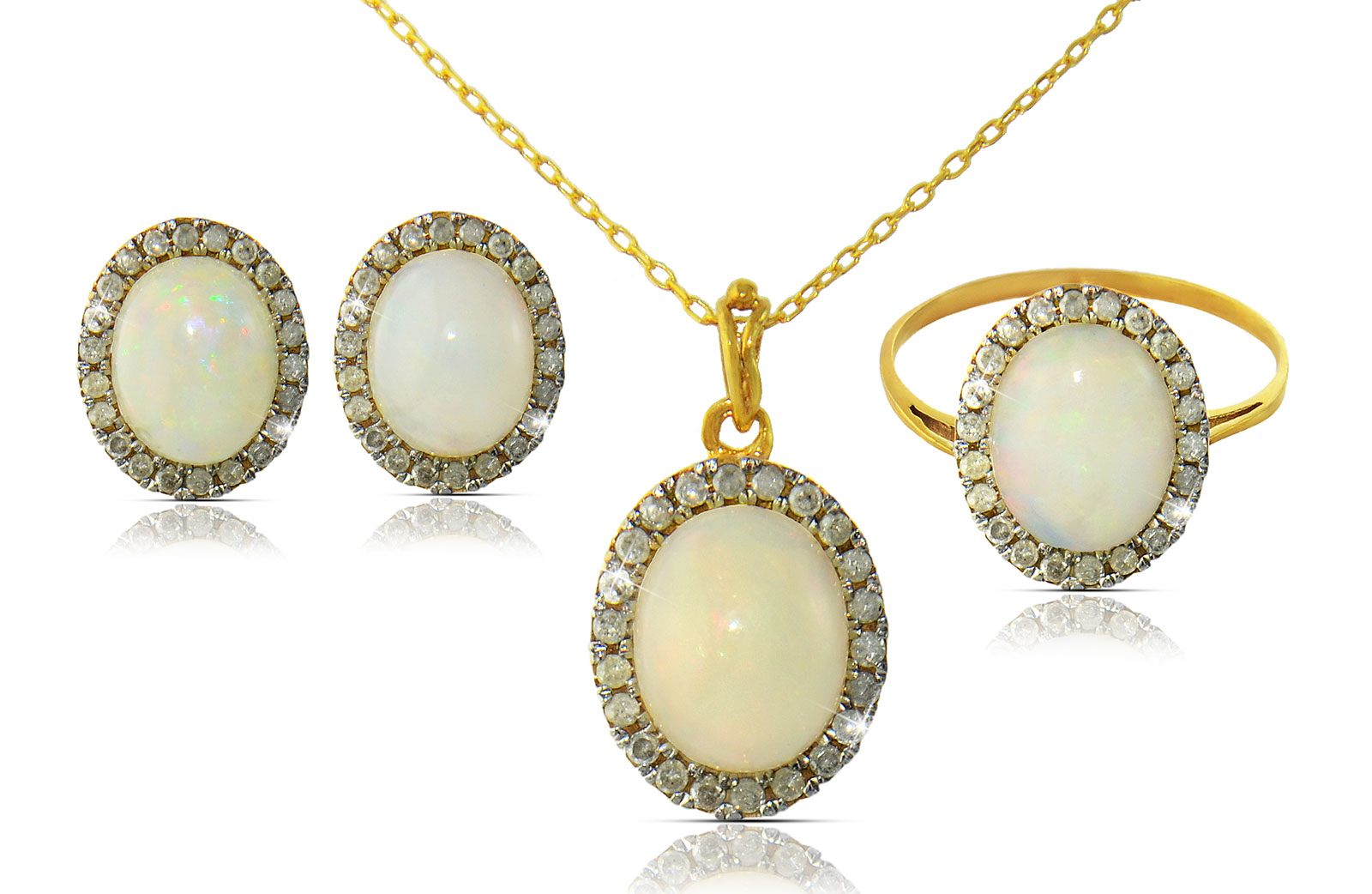 VP Jewels: 10k  Gold 10mm Genuine Oval  Cabochon Cut Opal 0.88Ct Genuine Diamonds earrings