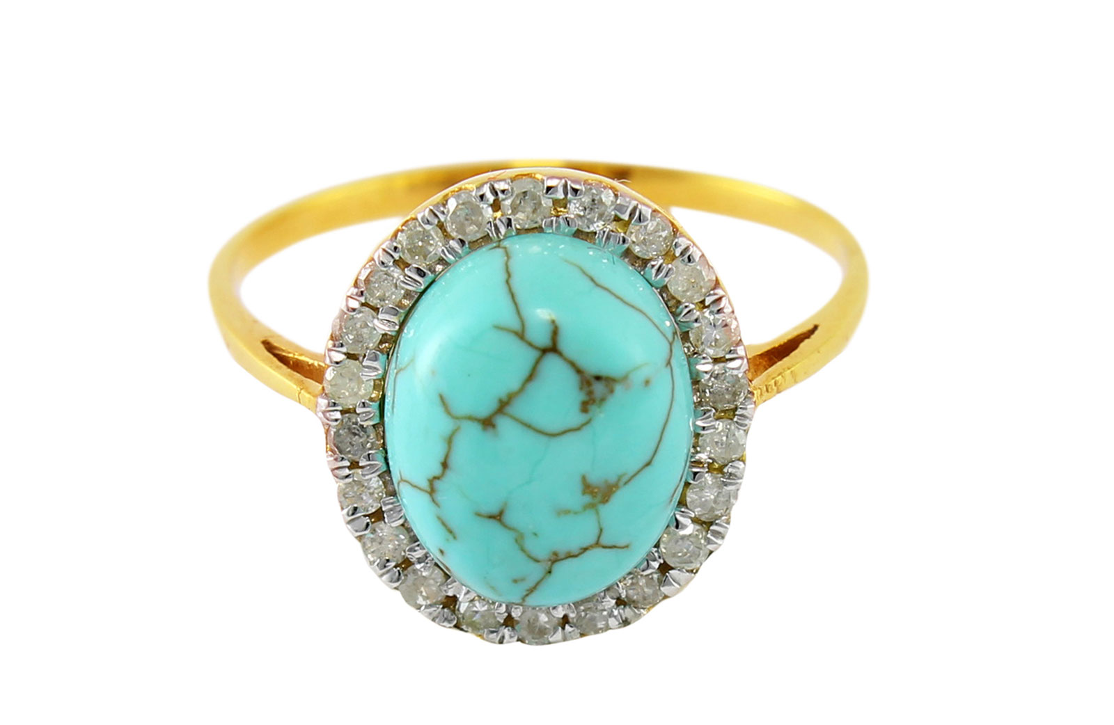 VP Jewels: 10K  Gold 10mm Genuine Oval  Cabochon Cut Turqoise 0.22Ct Genuine Diamonds Ring -SIZE 6.5 US