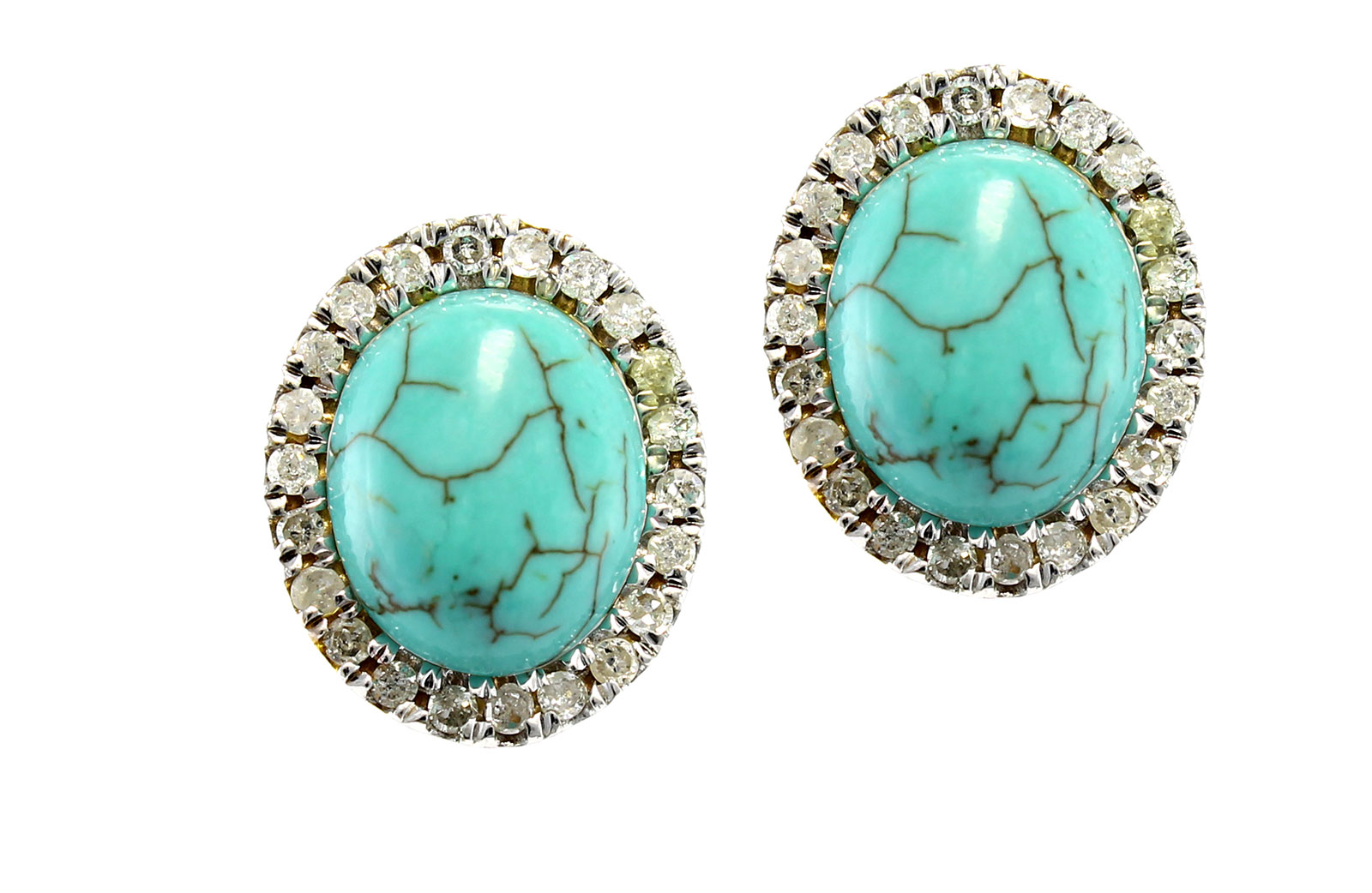 VP Jewels:10K  Gold 10mm Genuine Oval  Cabochon Cut Turqoise 0.44Ct Genuine Diamonds earrings