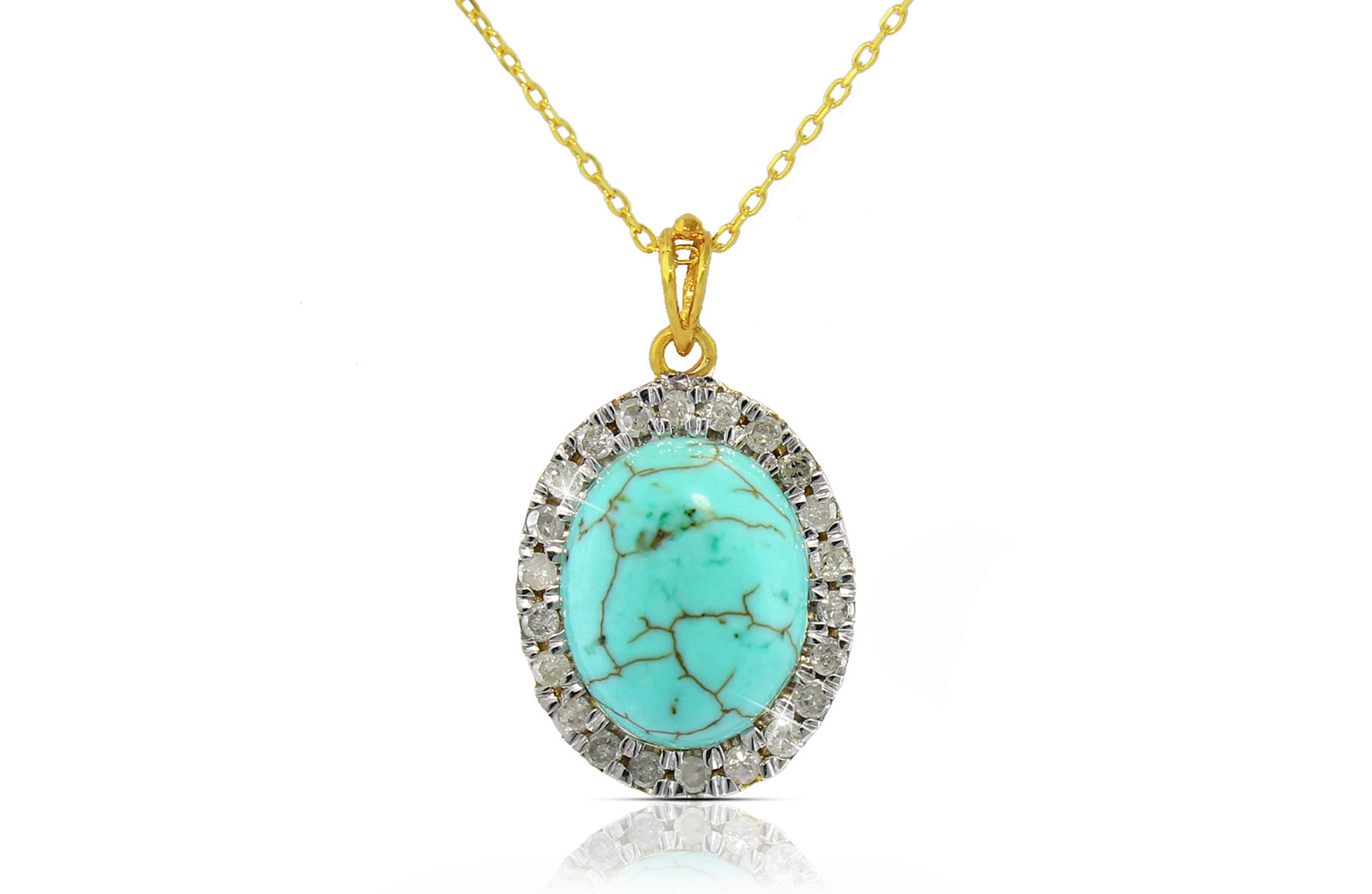 VP Jewels: 10k  Gold 10mm Genuine Oval  Cabochon Cut Turqoise 0.22Ct Genuine Diamonds Necklace