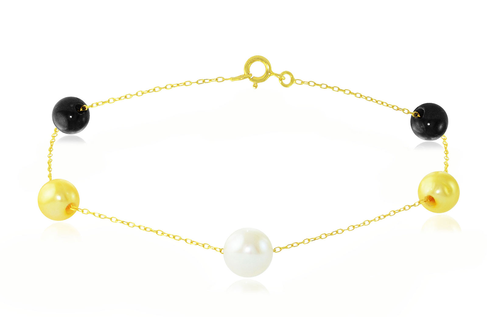 Vp Jewels 18K Solid Gold 5-7MM Gradual  Built-in Golden-Yelow, White and Black Pearls Bracelet