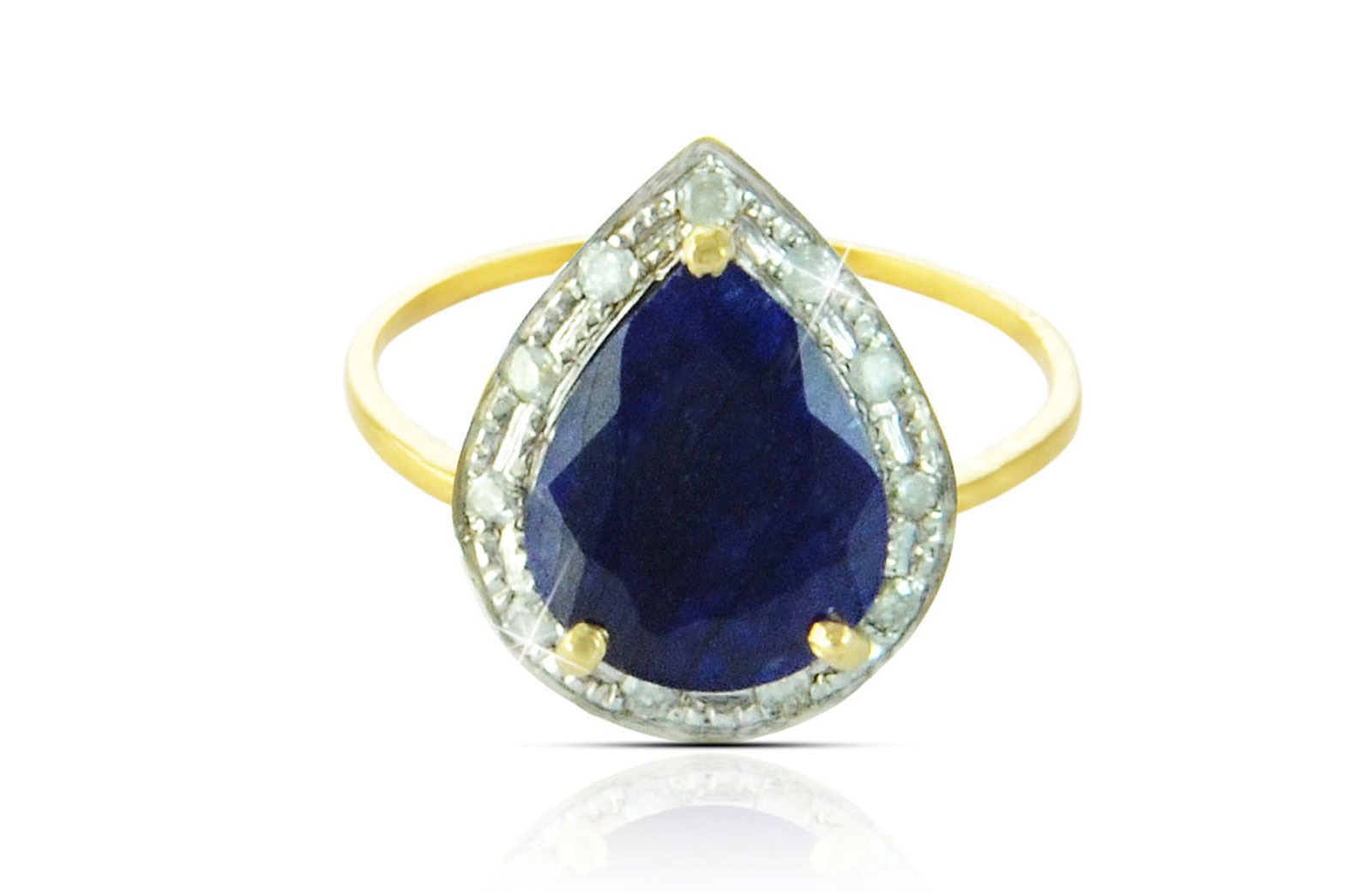   Vera Perla18k  Gold 10mm Genuine Drop   Cut Midnight Blue Sapphire 0.12Ct Genuine Diamonds Ring -SIZE 6.5 US