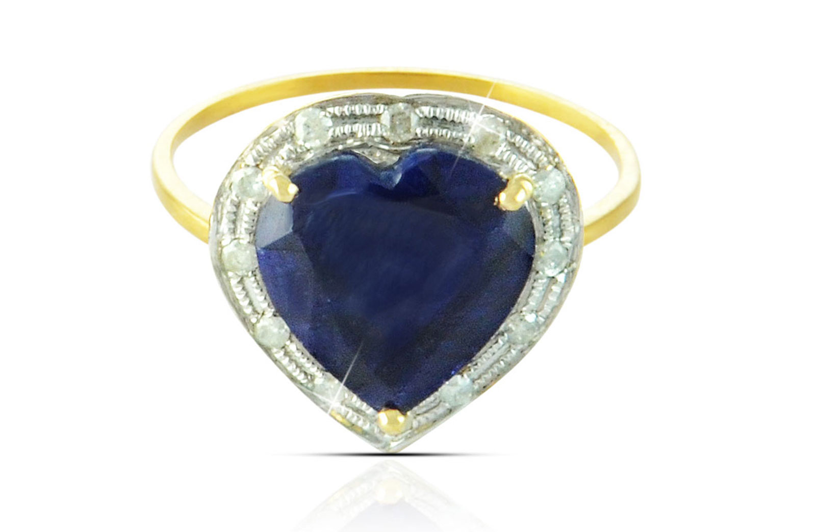  Vera Perla 18k  Gold 10mm Genuine Heart   Cut Midnight Blue Sapphire 0.13Ct Genuine Diamonds Ring -SIZE 6.5 US
