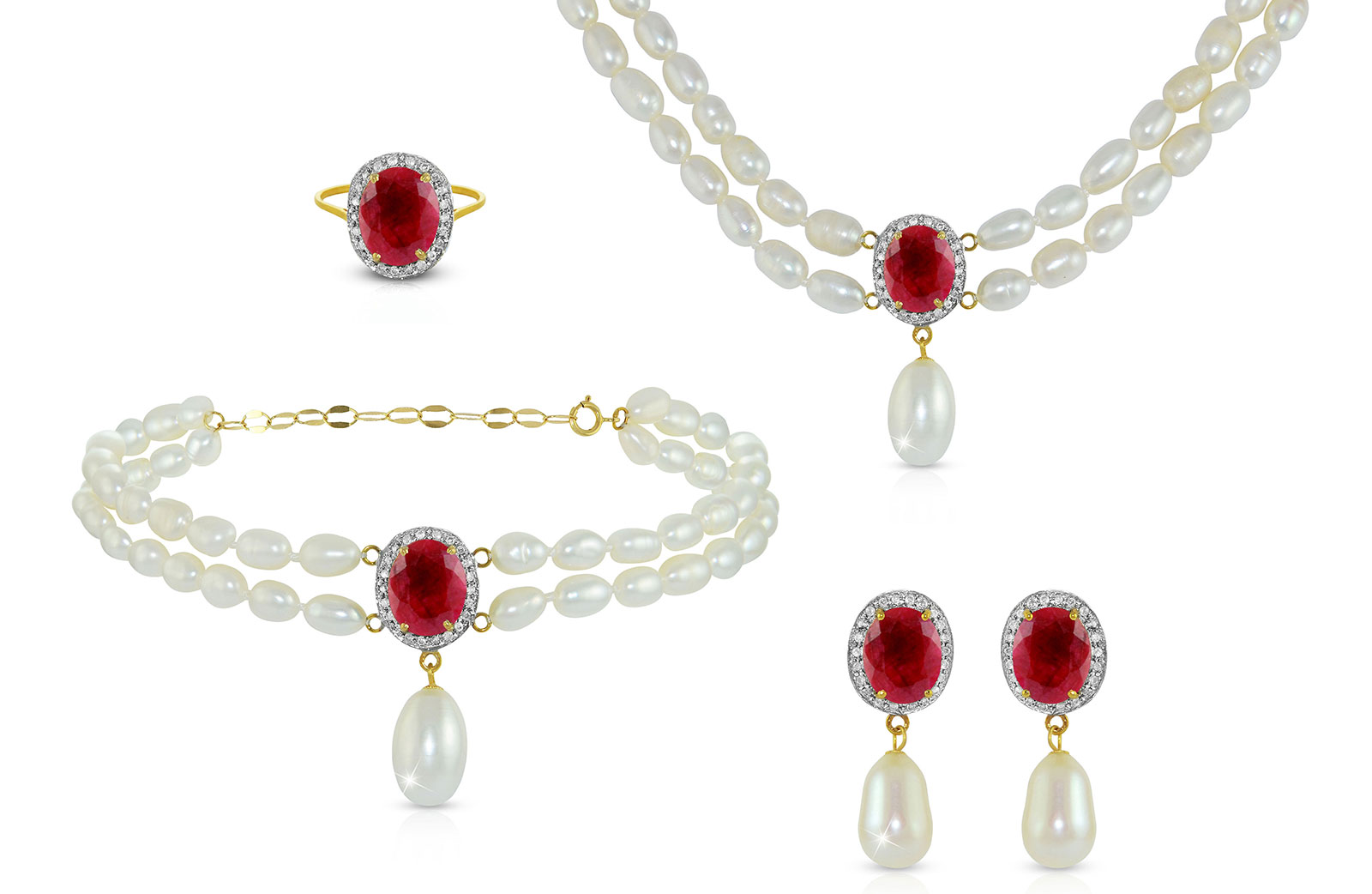 Vera Perla 18K Gold 0.60ct. Diamonds, Ruby & Pearl Jewelry Set, 4 Pcs