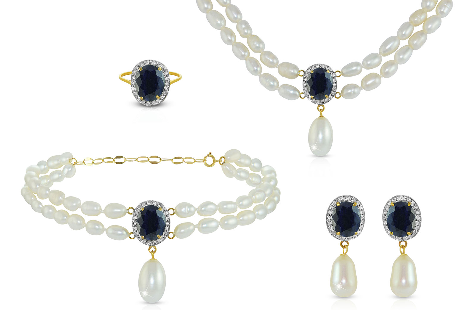 Vera Perla 18K Gold 0.60ct. Diamonds, Sapphire & Pearl Jewelry Set, 4 Pcs