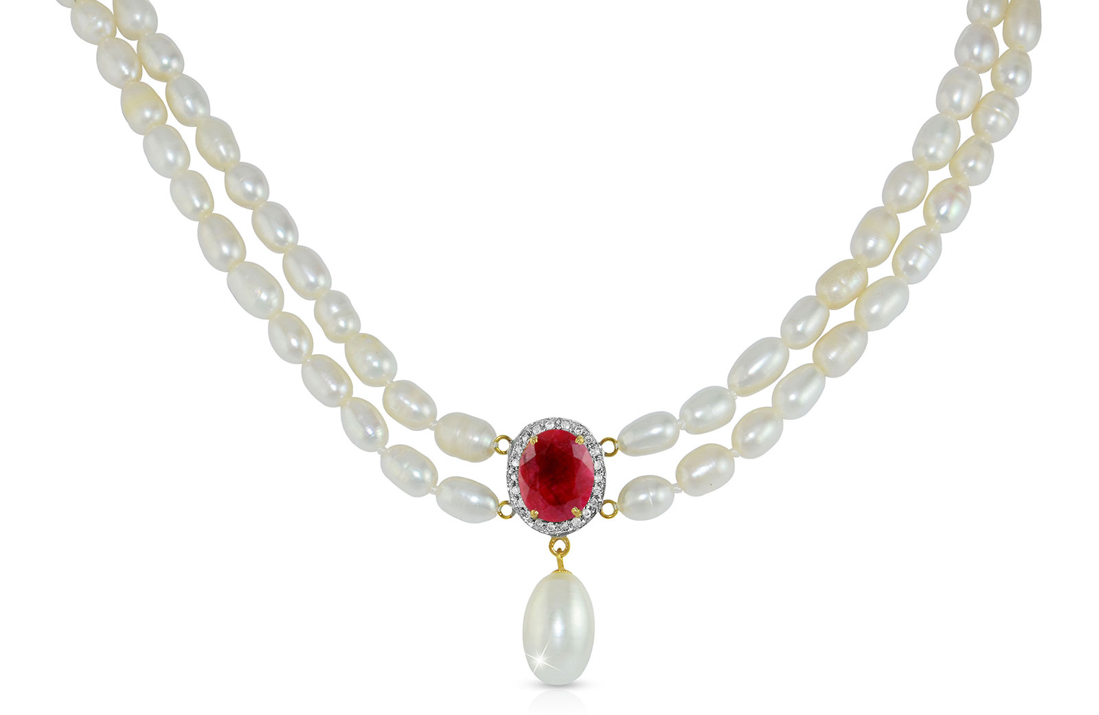 Vera Perla 18K Gold 0.12ct. Diamonds, Oval Ruby & Pearl Necklace