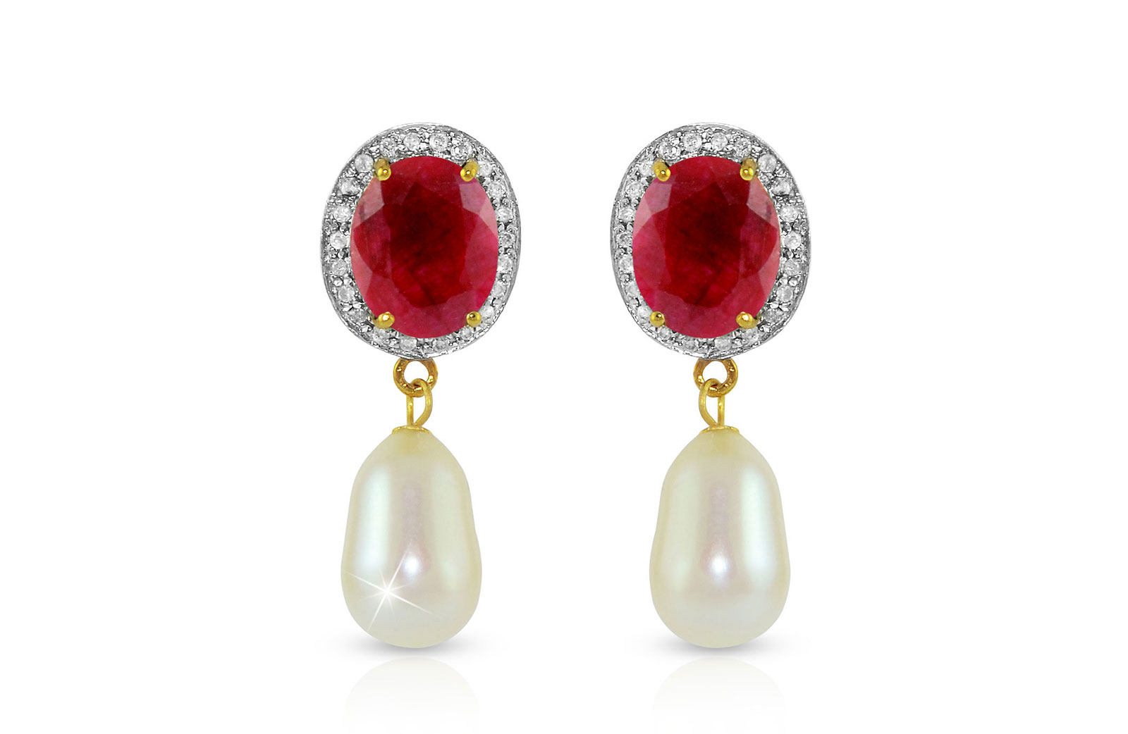 Vera Perla 18K Gold 0.24ct. Diamonds, Oval Ruby & Pearl Earrings