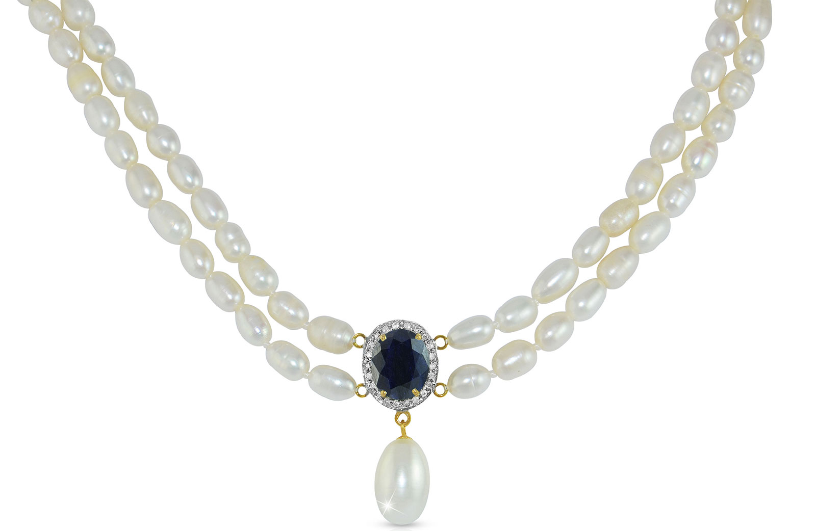 Vera Perla 18K Gold 0.12ct. Diamonds, Oval Sapphire & Pearl Necklace