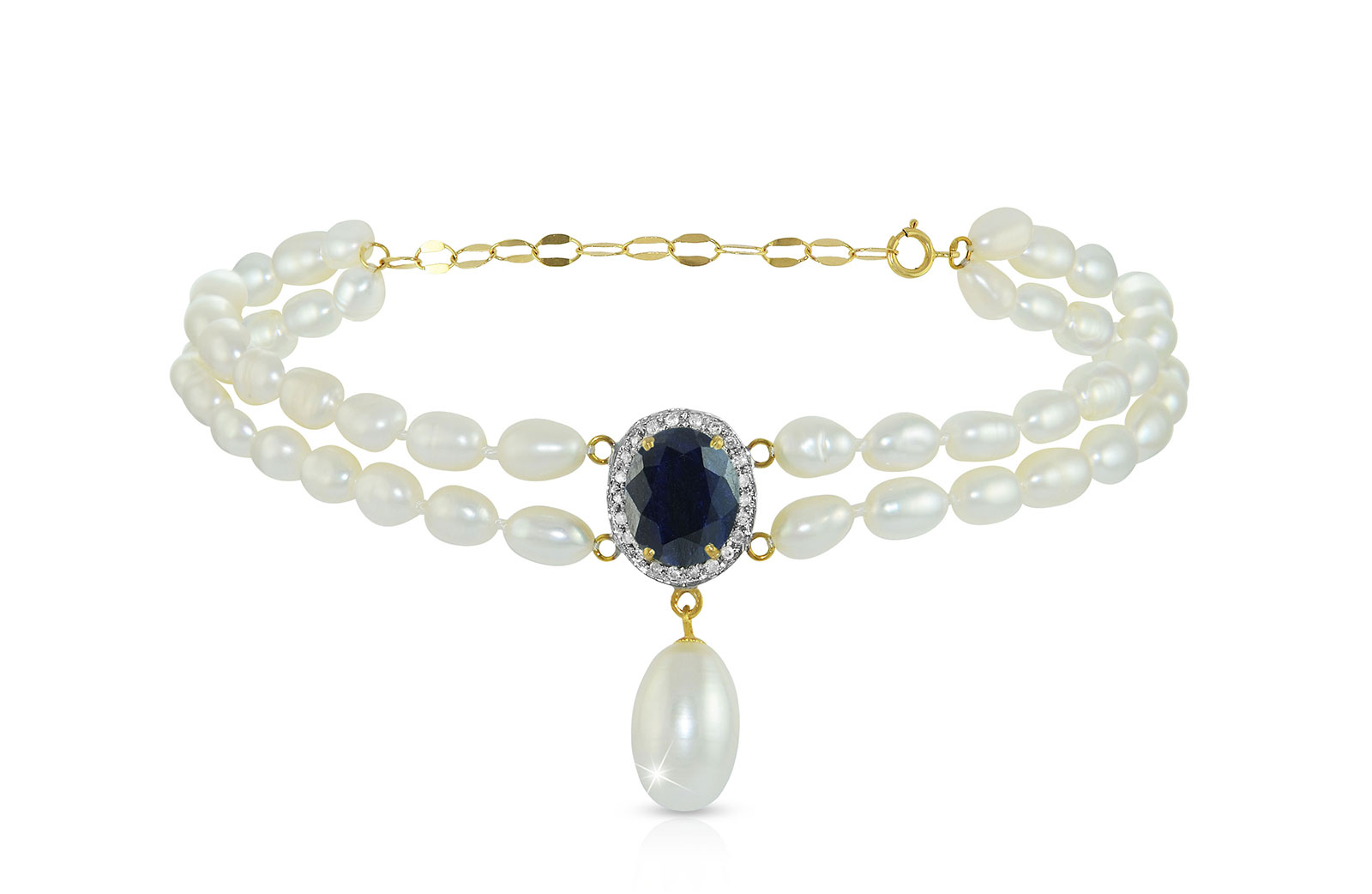 Vera Perla 18K Gold 0.12ct. Diamonds, Oval Sapphire & Pearl Bracelet