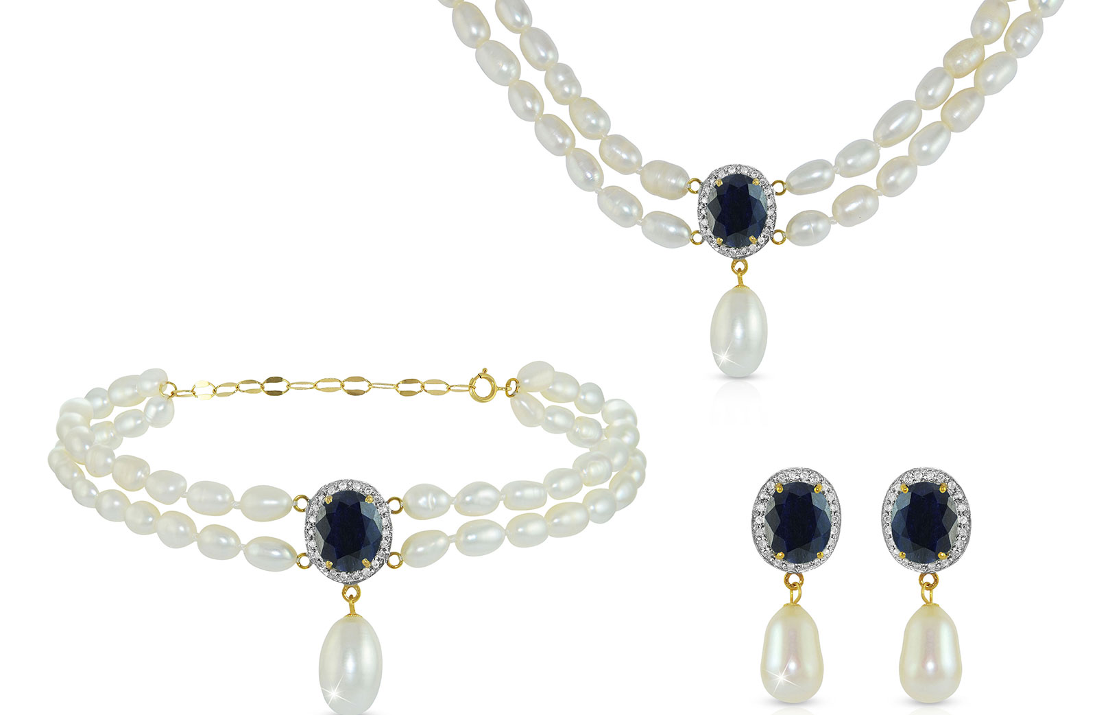 Vera Perla 18K Gold 0.48ct. Diamonds, Sapphire & Pearl Jewelry Set, 3 Pcs