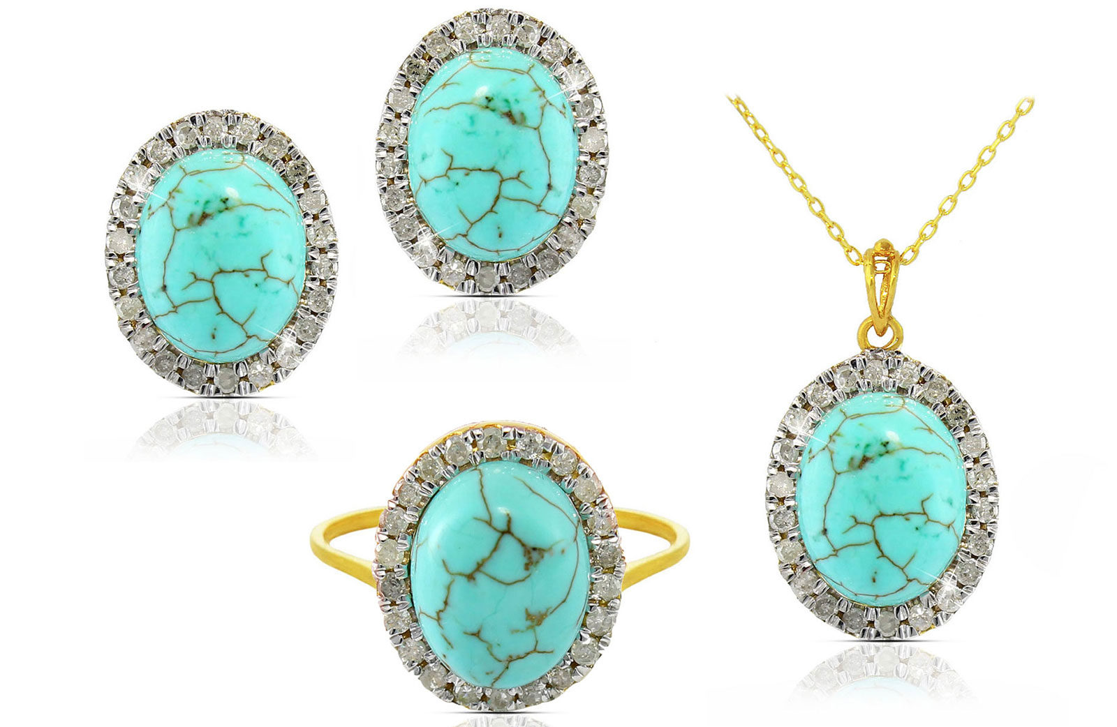 Vera Perla 18k Gold, 0.88Cts Diamonds, Oval Turquoise (3 pcs) Jewelry Set