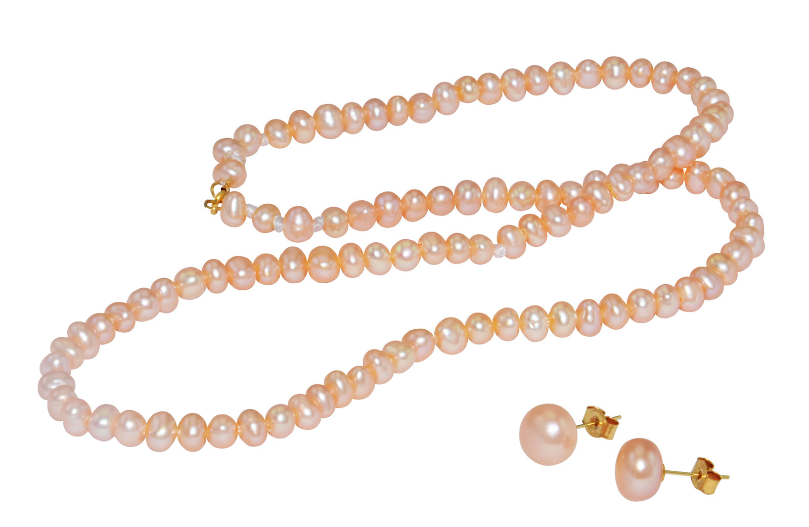 Vera Perla 10k Gold  3mm Pink Pearl Strand Necklace & 7mm Earrings
