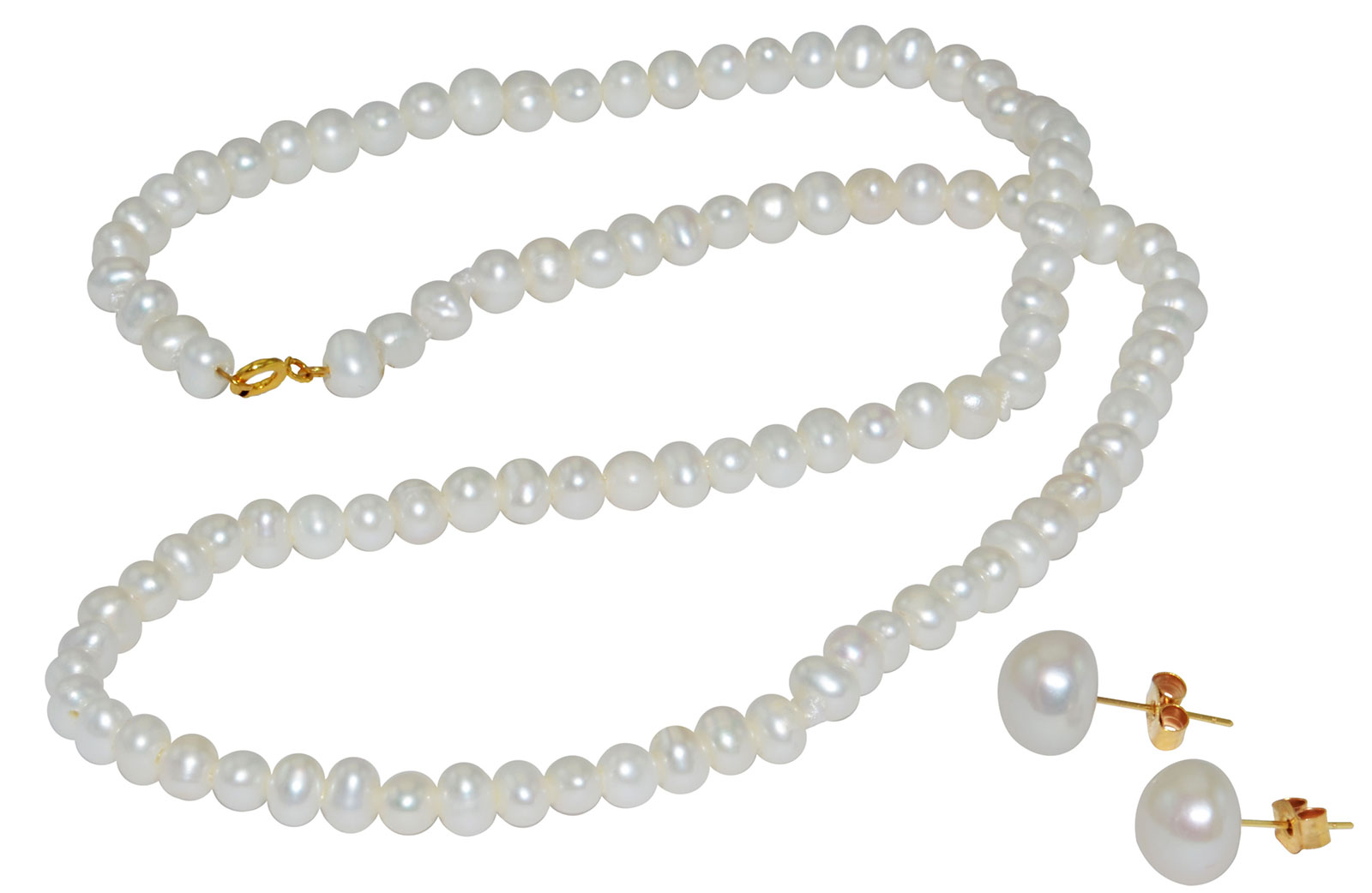 Vera Perla 10k Gold  3mm White Pearl Strand Necklace & 7mm Earrings