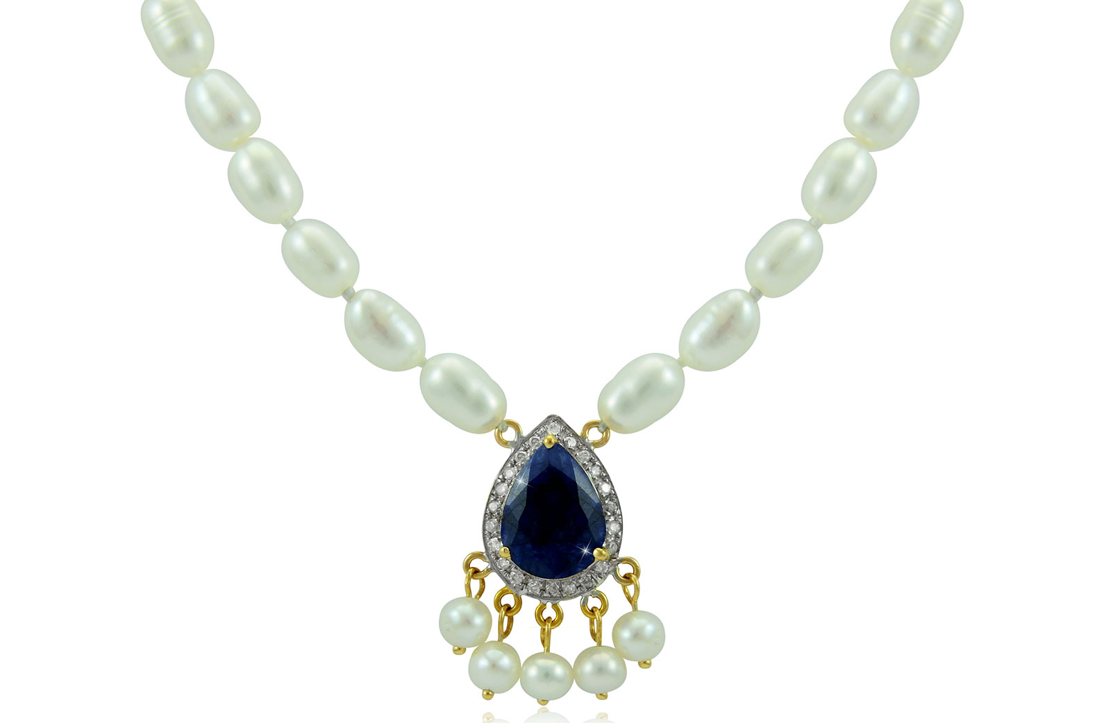 Vera Perla 18K Gold 0.12ct Diamonds, Royal Indian Sapphire Necklace