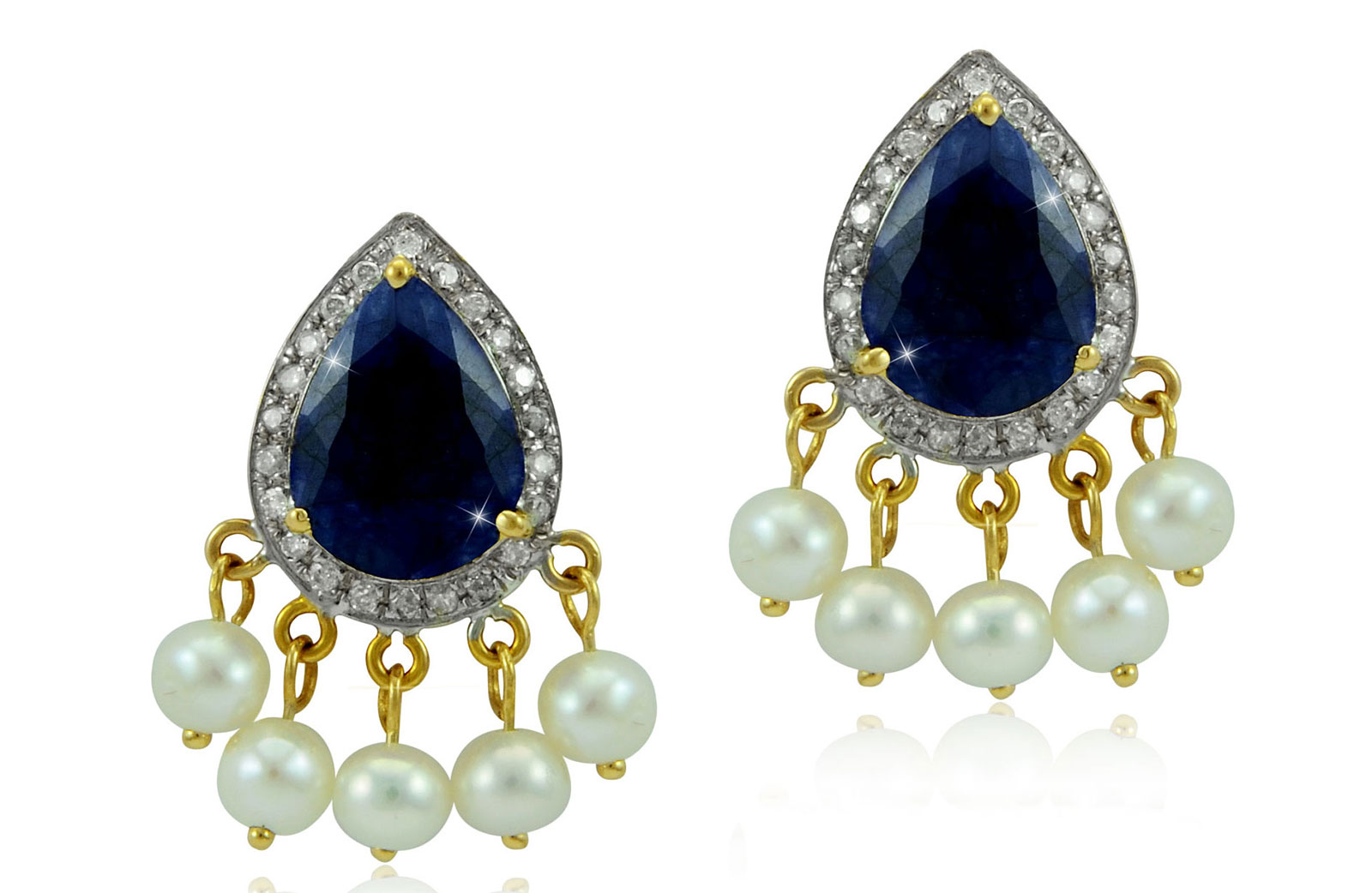 Vera Perla 18K Gold 0.24ct Diamonds, Royal Indian Sapphire Earrings