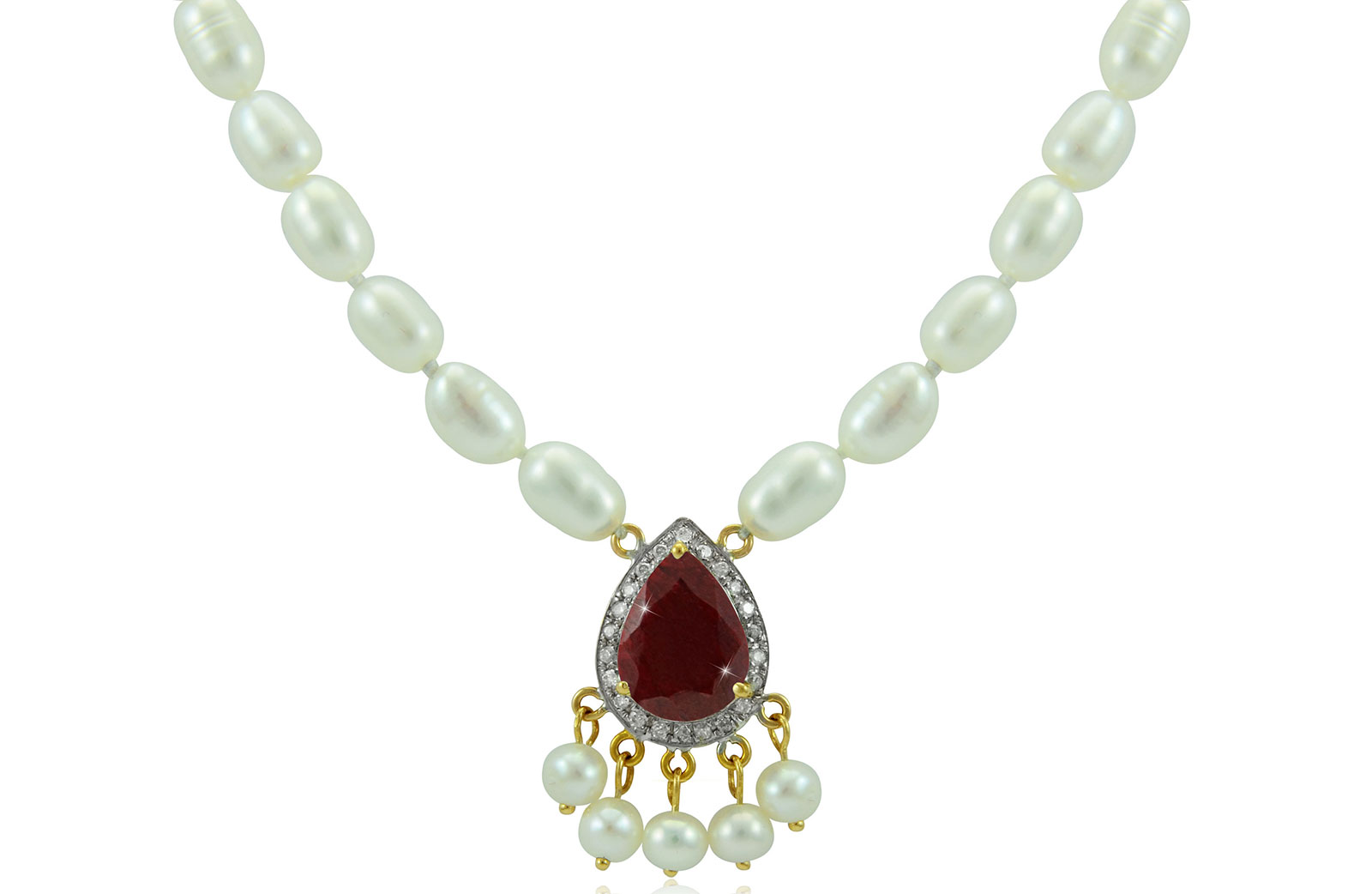 Vera Perla 18K Gold 0.12ct Diamonds, Royal Indian Ruby Necklace