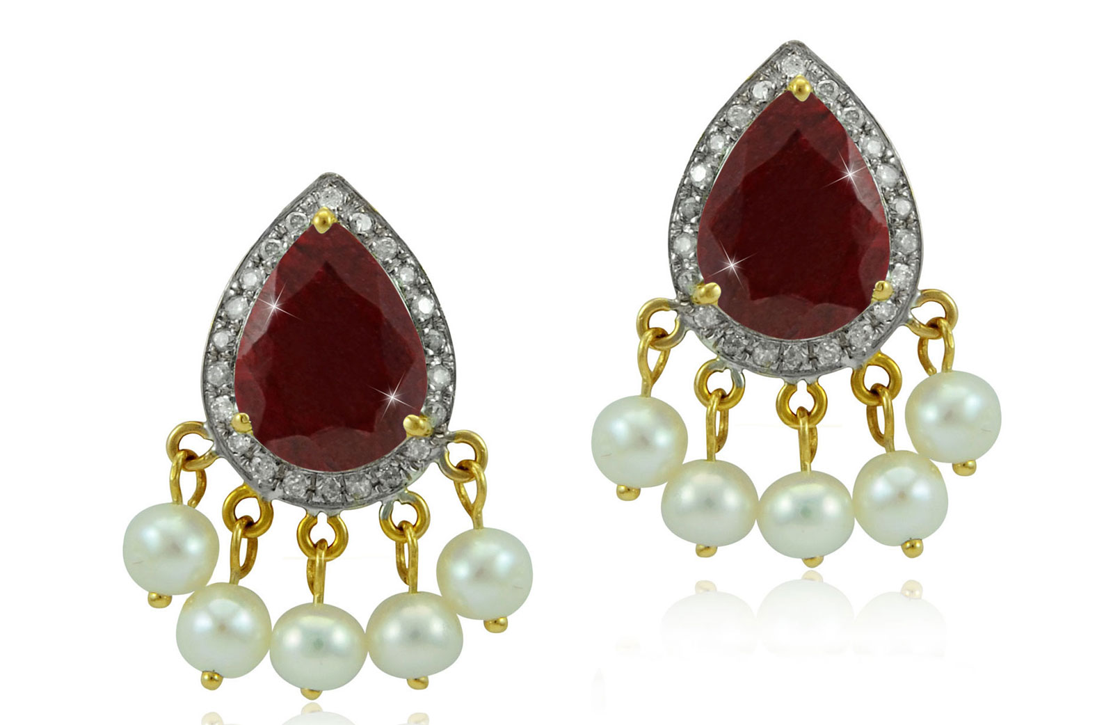 Vera Perla 18K Gold 0.24ct Diamonds, Royal Indian Ruby Earrings