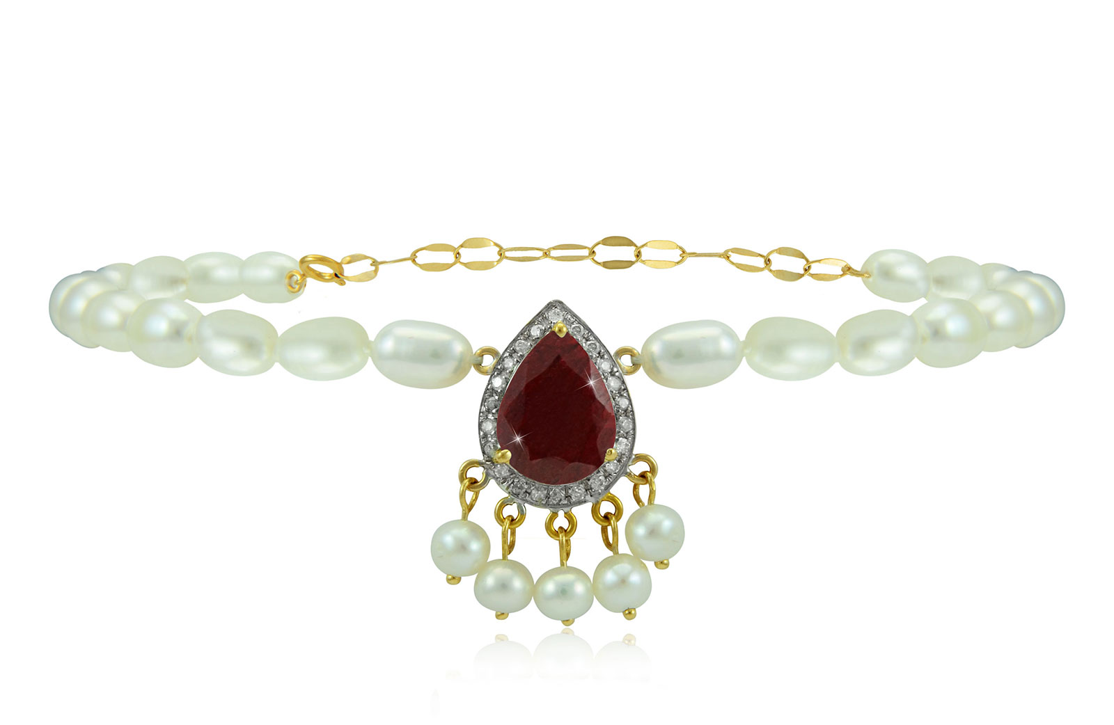 Vera Perla 18K Gold 0.12ct Diamonds, Royal Indian Ruby Bracelet