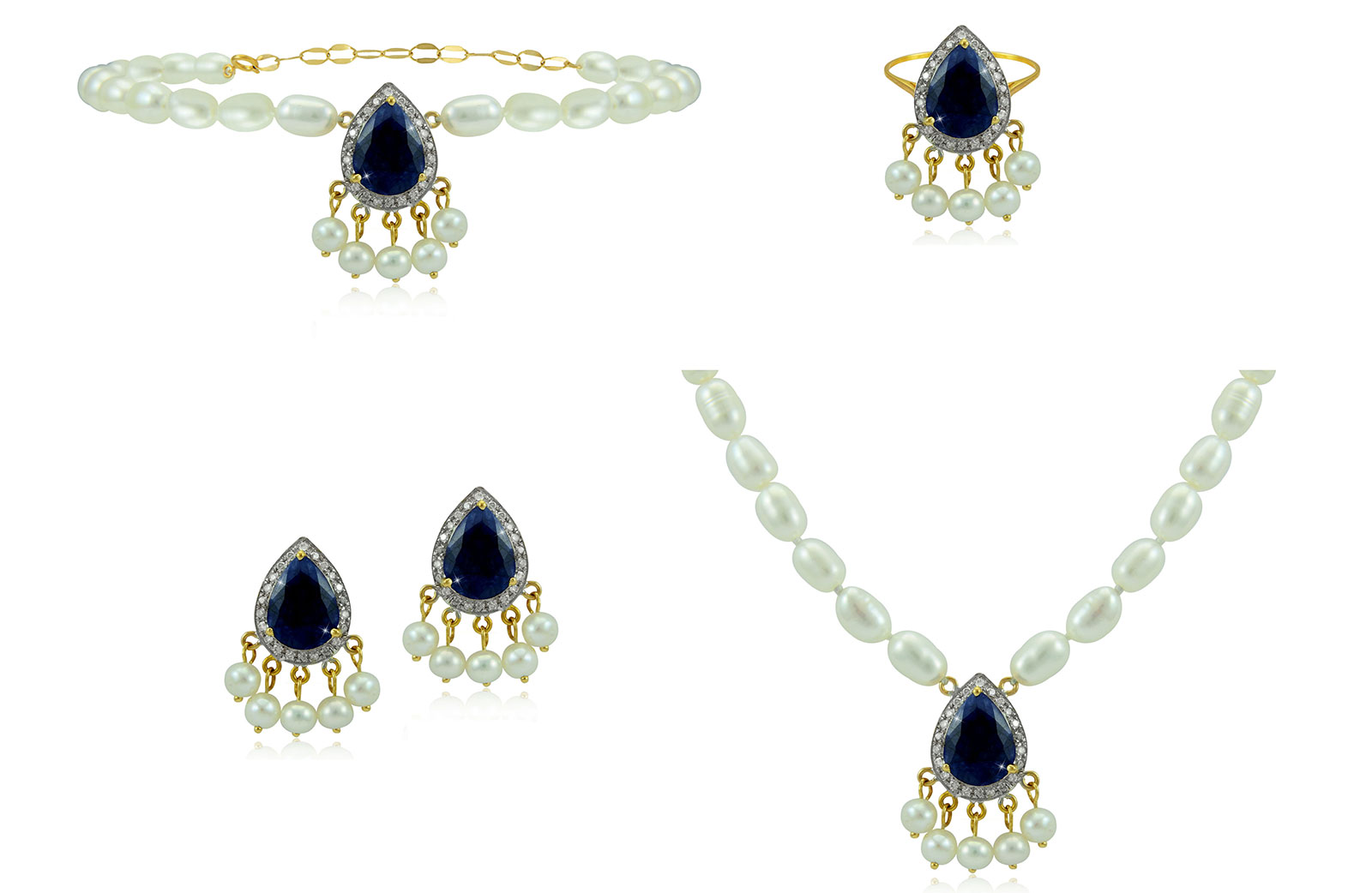 Vera Perla 18K Gold 0.60ct Diamonds, Royal Indian Sapphire 4 pcs set
