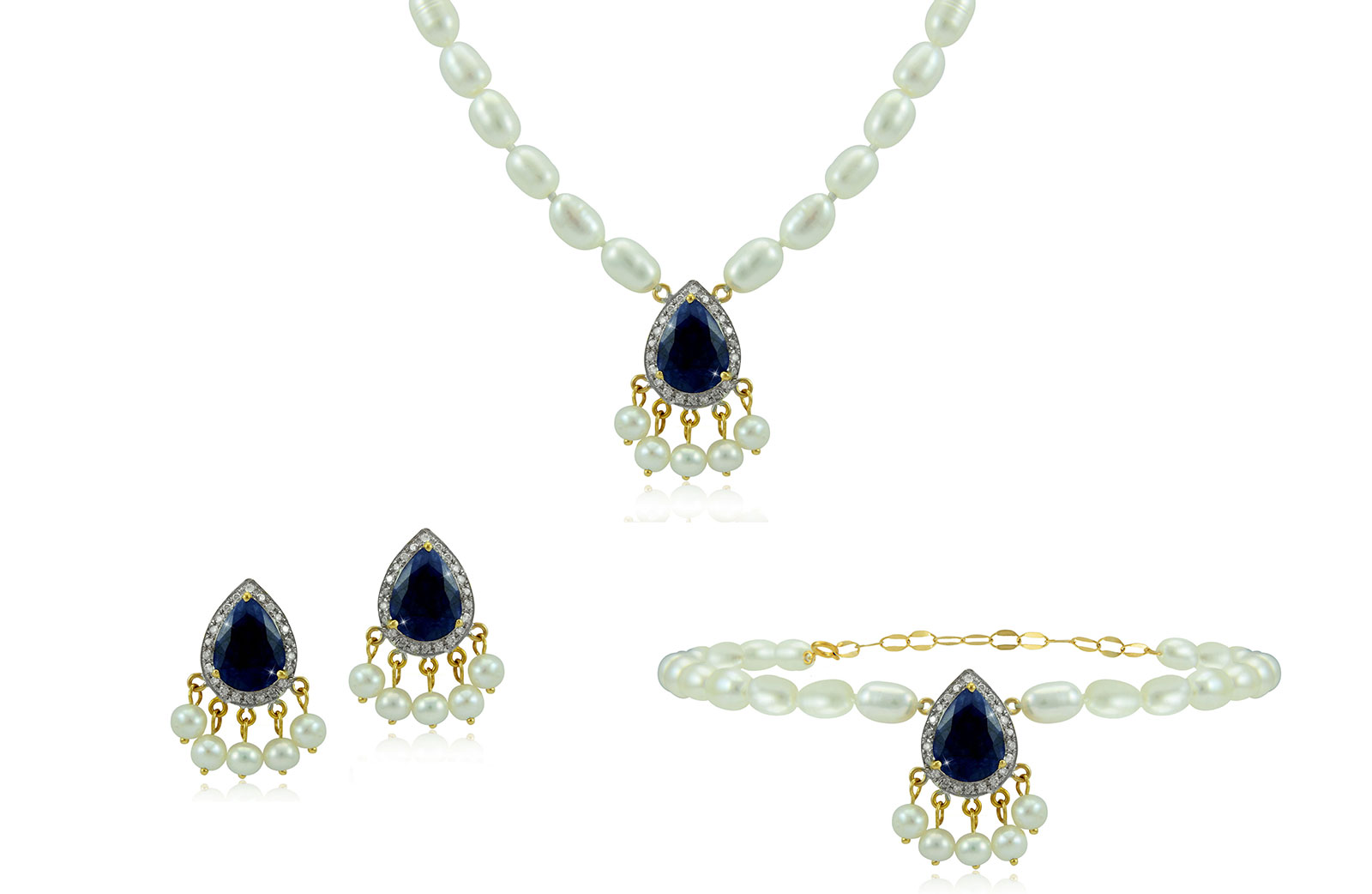 Vera Perla 18K Gold 0.48ct Diamonds, Royal Indian Sapphire 3 pcs set