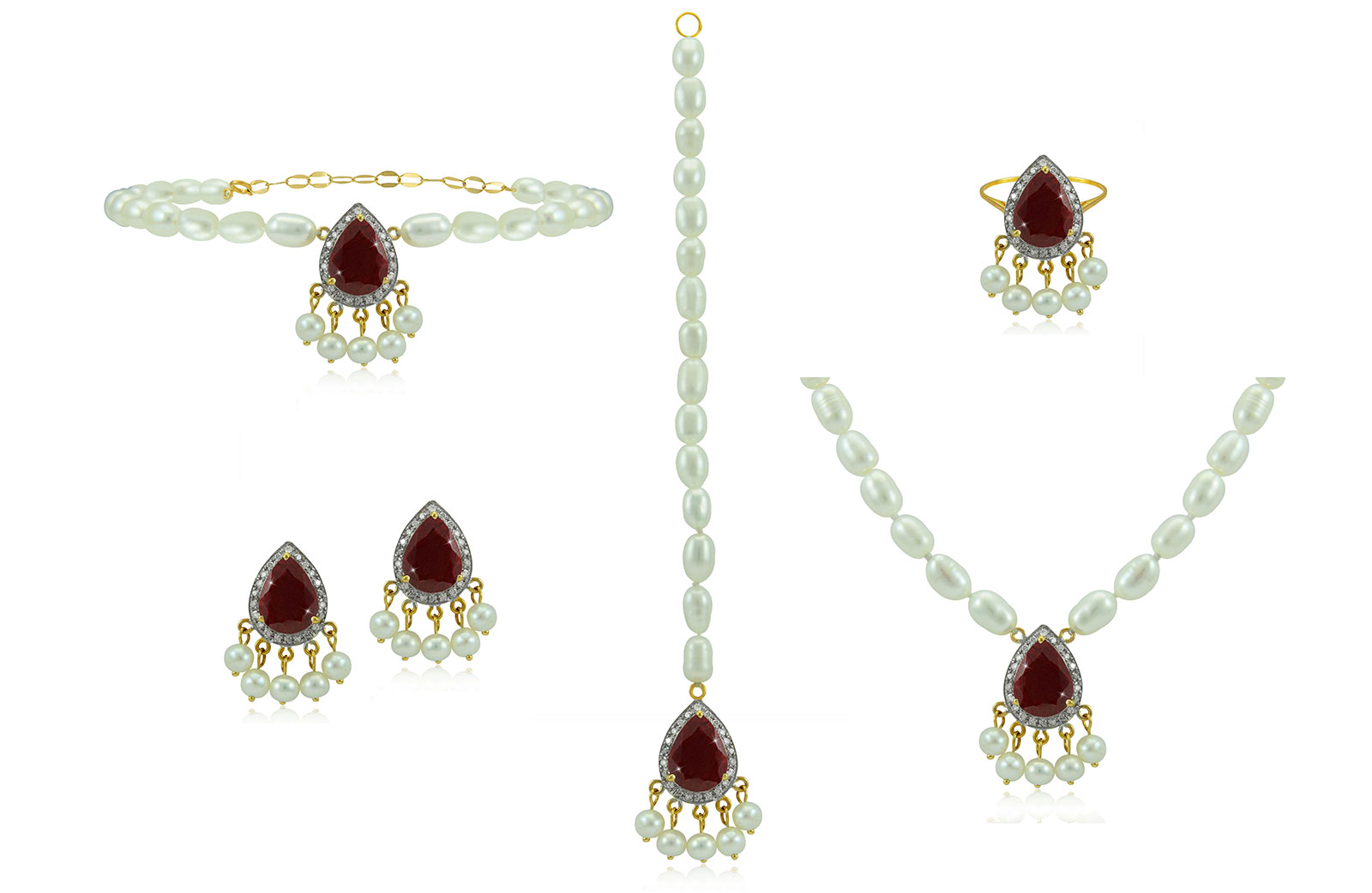 Vera Perla 18K Gold 0.72ct Diamonds, Royal Indian Ruby 5 pcs set