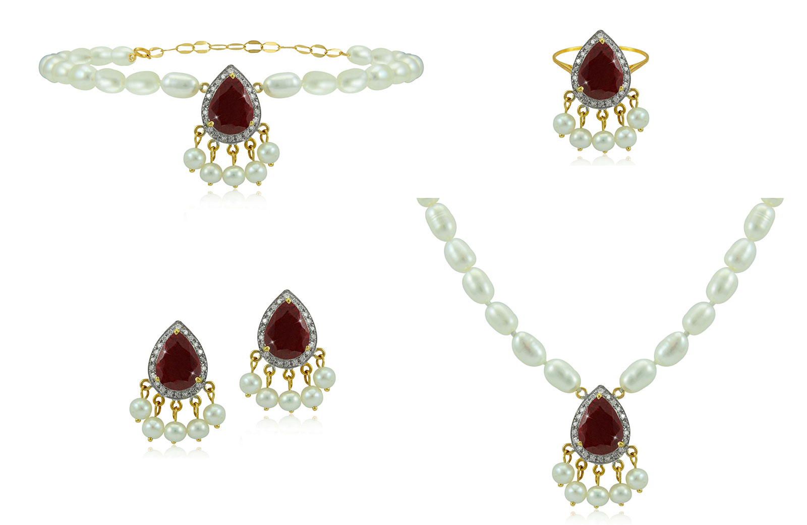 Vera Perla 18K Gold 0.60ct Diamonds, Royal Indian Ruby 4 pcs set