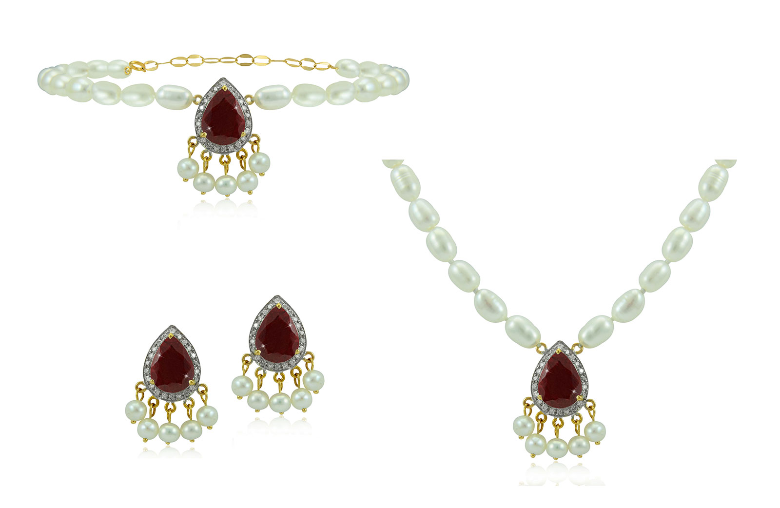 Vera Perla 18K Gold 0.48ct Diamonds, Royal Indian Ruby 3 pcs set