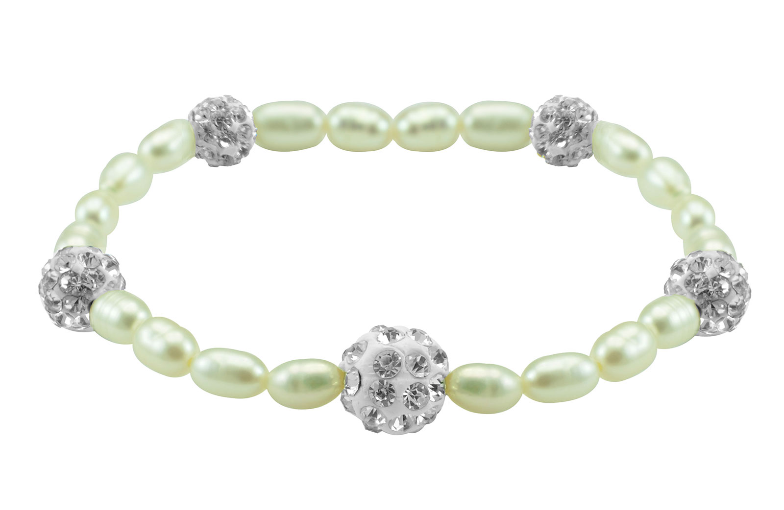 Vera Perla Built-in Gradual Crystal Ball & Pearls Strand Elastic Bracelet