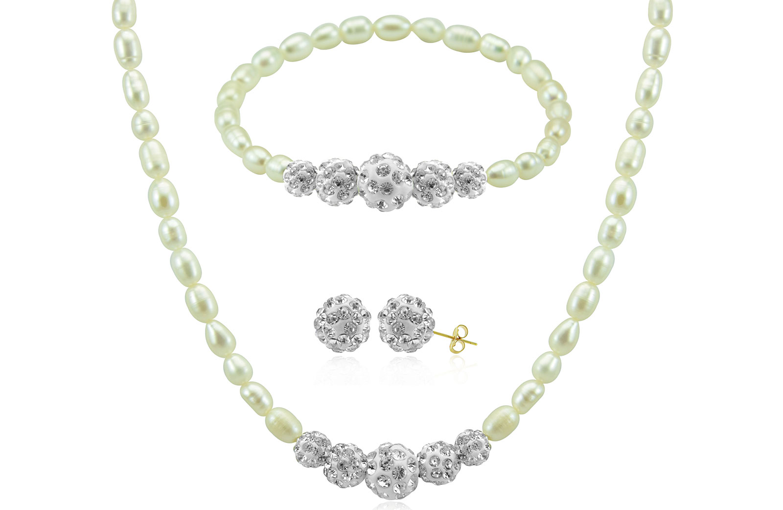 Vera Perla 10K Gradual Crystal Balls & Pearls Strand 3 pc Jewelry Set