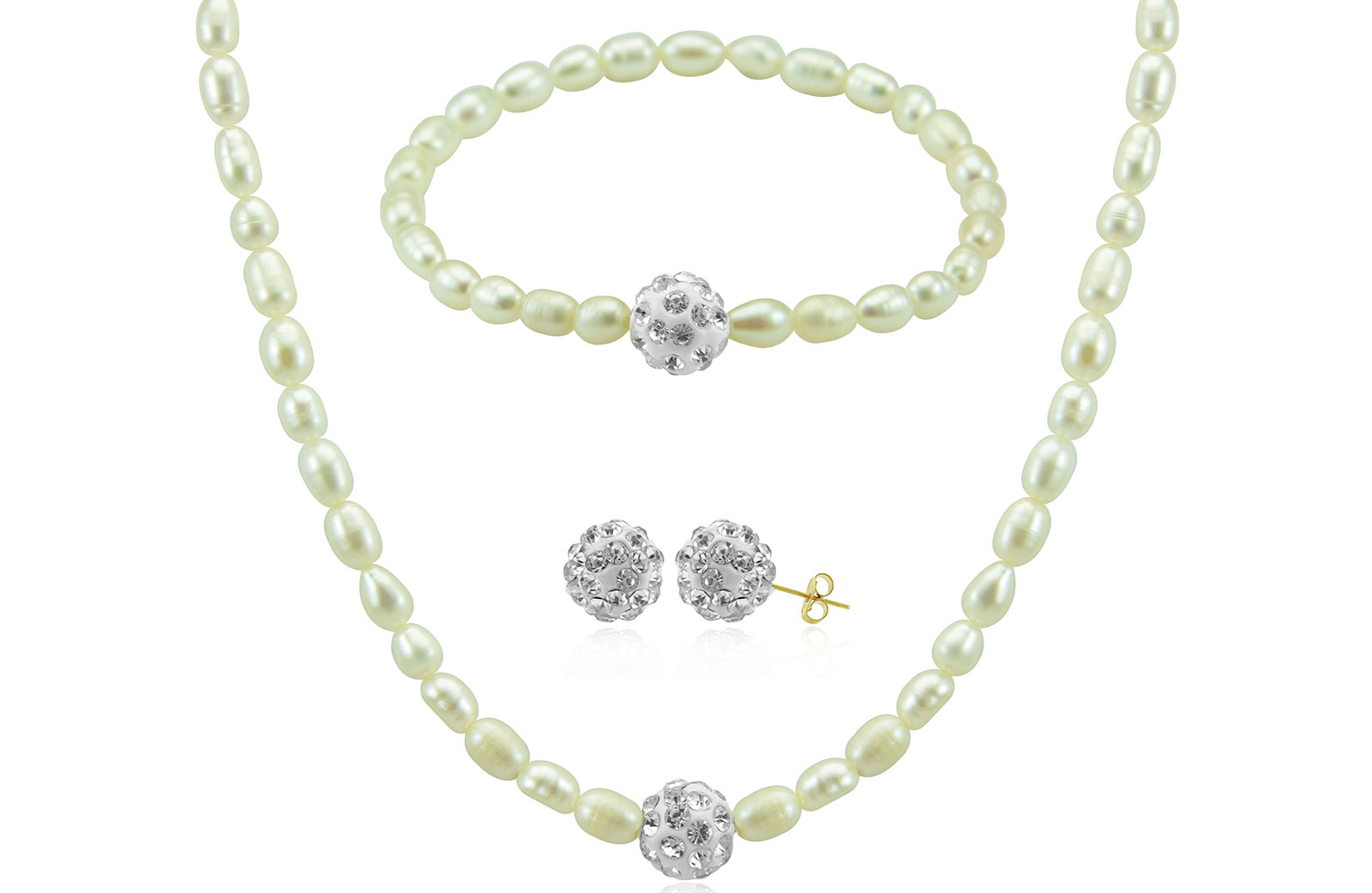Vera Perla 10K  Crystal Balls & Pearls Strand 3 pc Jewelry Set