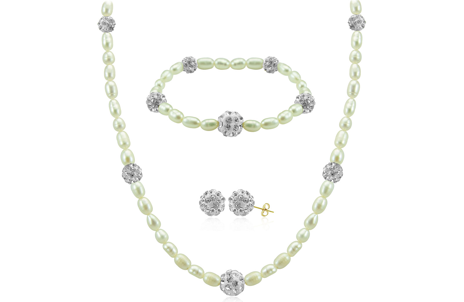 Vera Perla 10K  Built-in Gradual Crystal Balls & Pearls Strand 3 pc Set