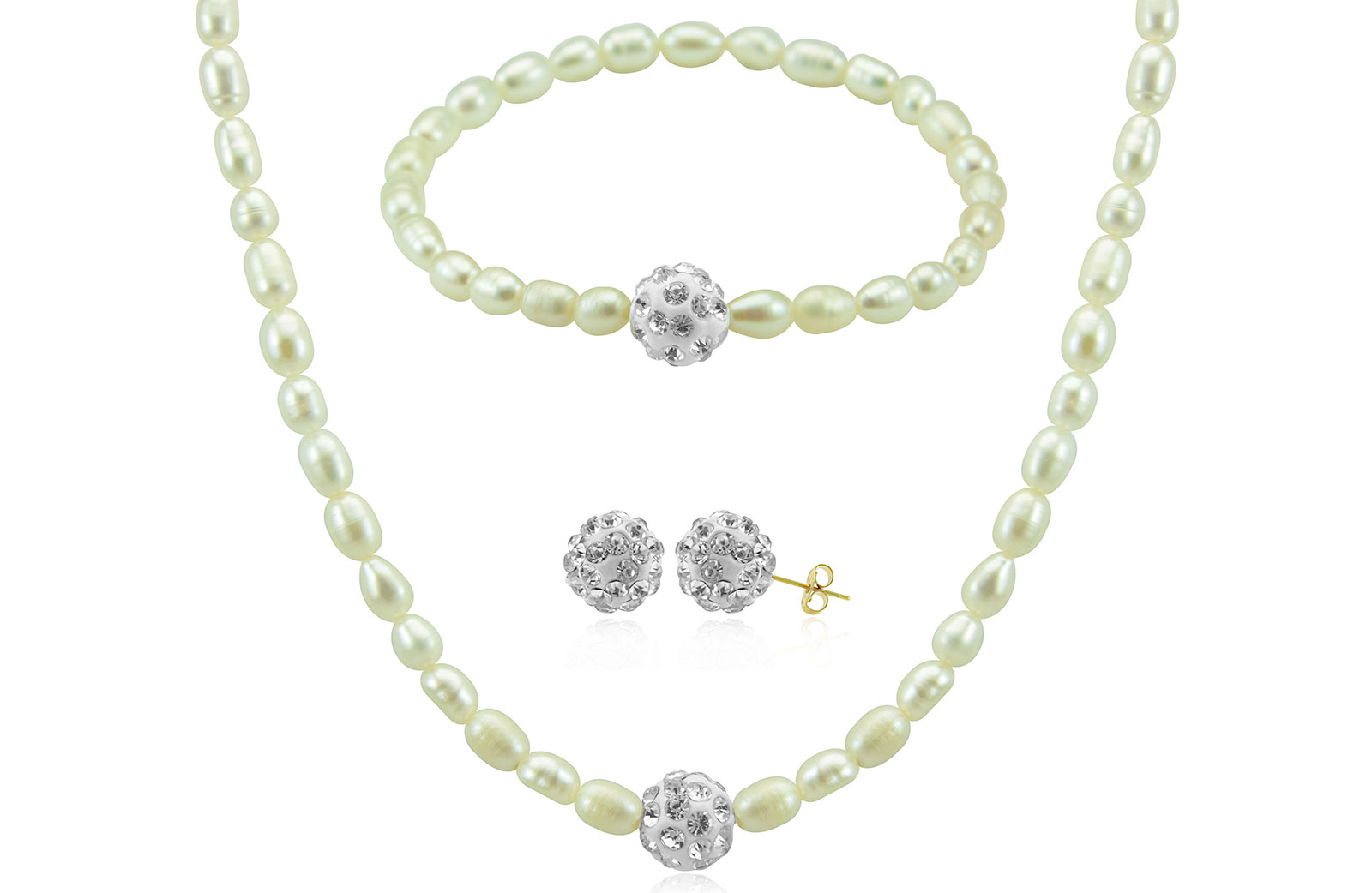 Vera Perla 18K  Crystal Balls & Pearls Strand 3 pc Jewelry Set