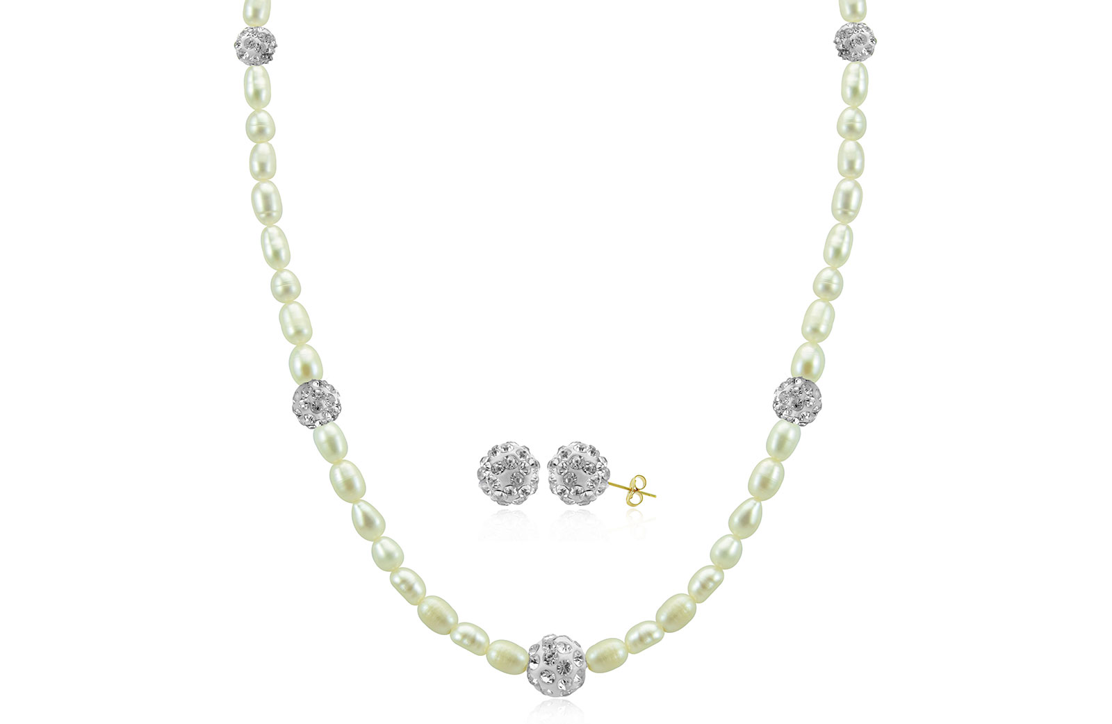 Vera Perla 18K Gold Built-in Gradual Crystal Ball & Pearls Strand 2 pc Set