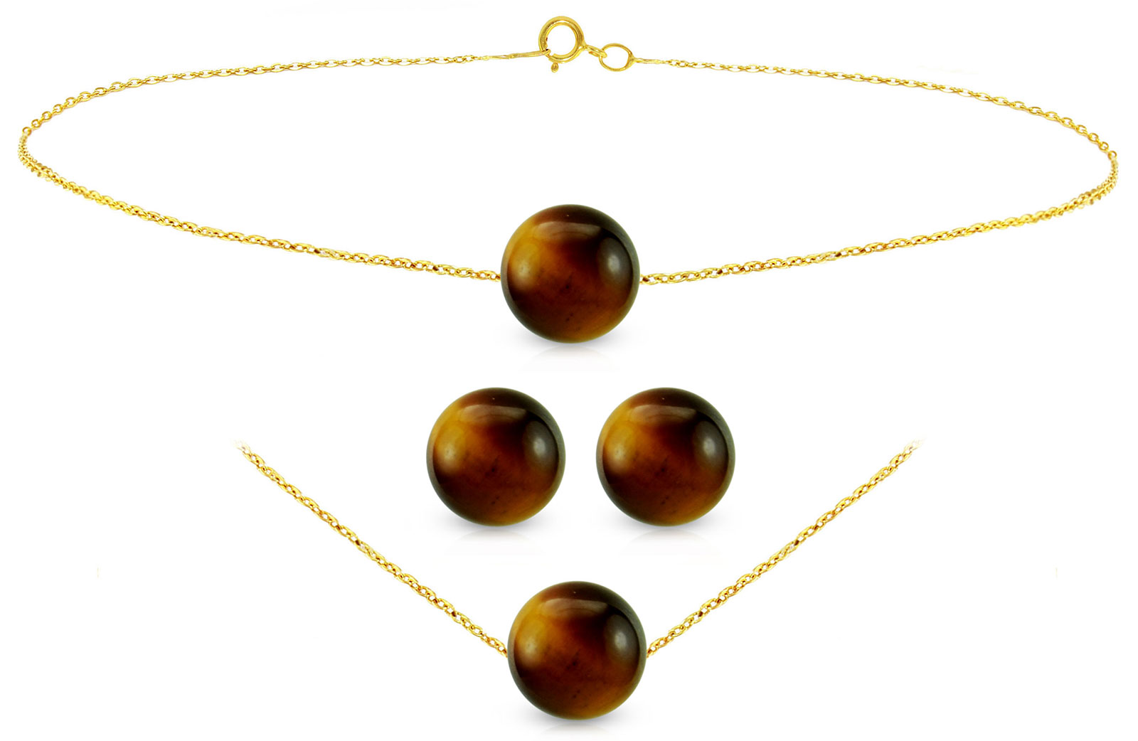 Vera Perla 18k Gold Simple 7mm Tiger Eye 3 pcs Jewelry Set