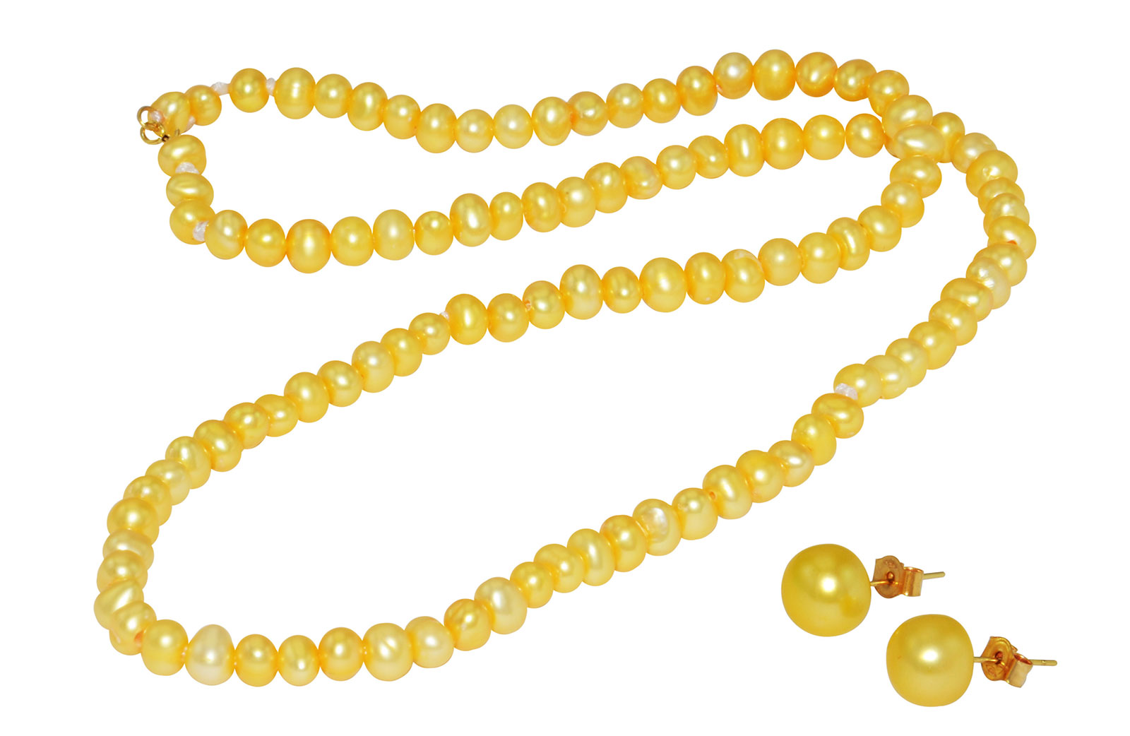 Vera Perla 18K Gold  3mm Golden Pearl Strand Necklace & 7mm Earrings