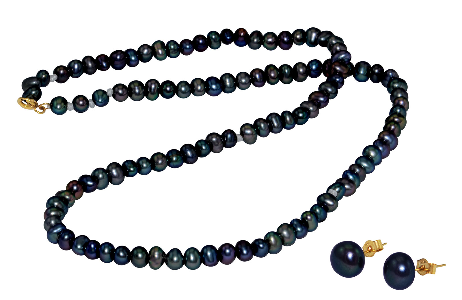 Vera Perla 18K Gold  3mm Black Pearl Strand Necklace & 7mm Earrings