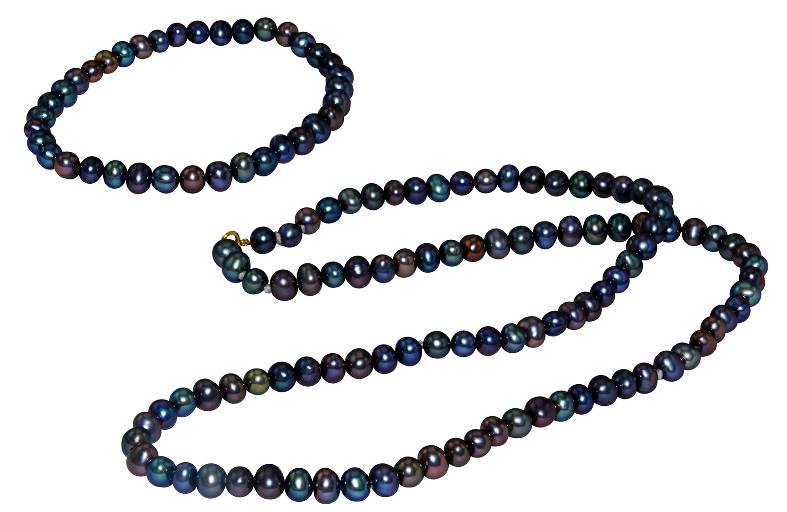 Vera Perla 18K Gold 4-5mm Black Pearl Strand Necklace & Elastic Bracelet 