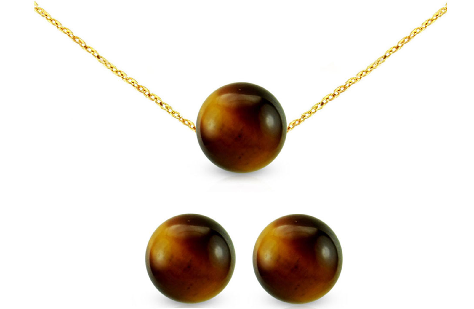 Vera Perla 10k Gold Simple 7mm Tiger Eye 2 pcs Jewelry Set
