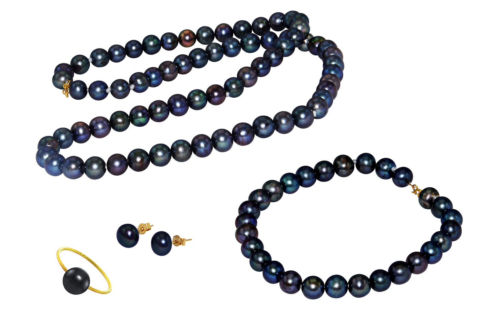 Vera Perla 10k Gold  6-7mm Black Pearl Strand Jewelry Set