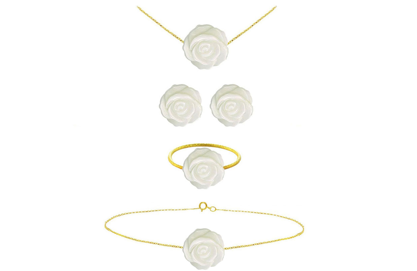 Vera Perla 18k Gold, 12mm Rose Carved Mother of Pearl 4 pcs Jewelry Set