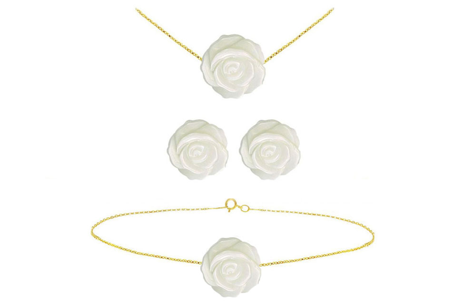 Vera Perla 18k Gold, 12mm Rose Carved Mother of Pearl 3 pcs Jewelry Set