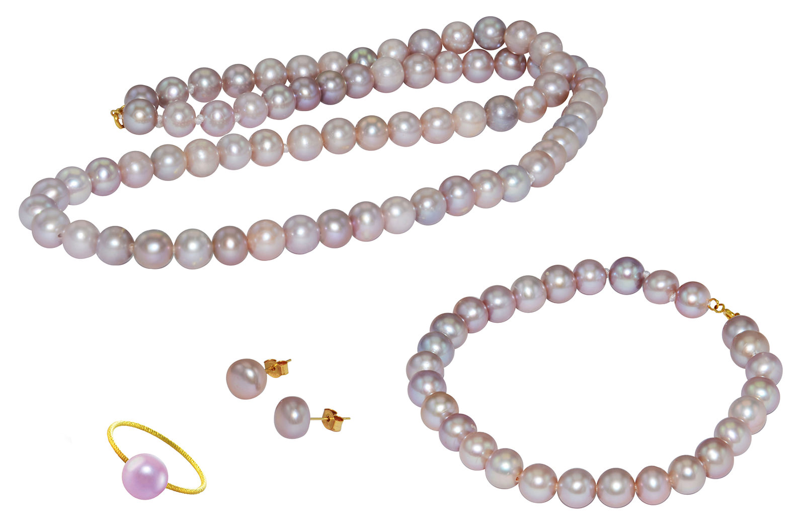 Vera Perla 18k Gold  6-7mm Purple Pearl Strand Jewelry Set
