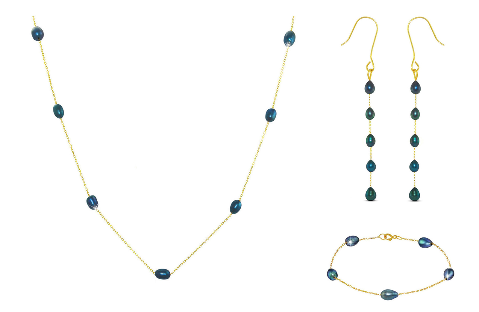 Vera Perla 18K Gold Black  Pearls Jewelry Set - 3 pcs.
