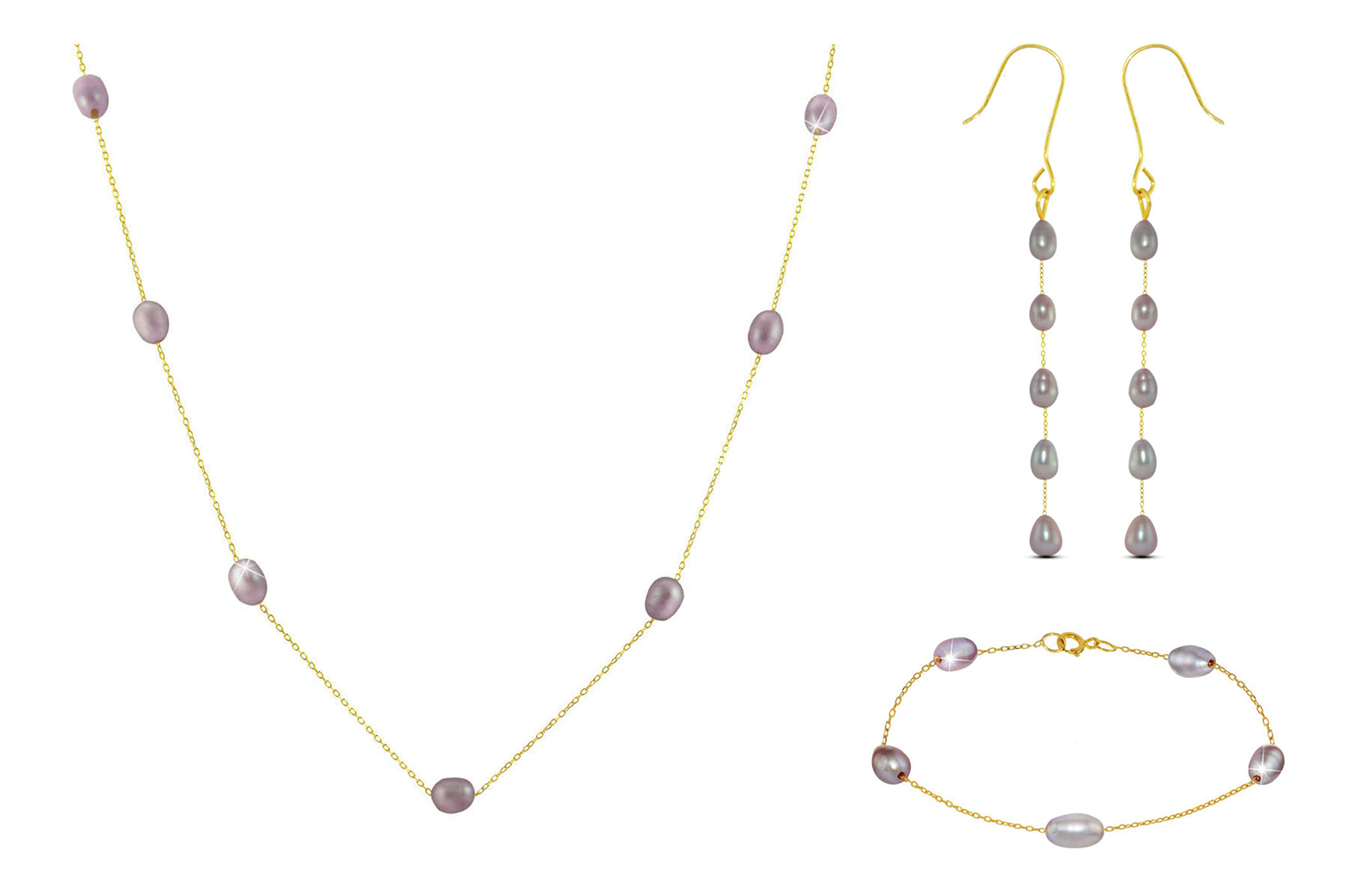 Vera Perla 18K Gold Purple  Pearls Jewelry Set - 3 pcs.