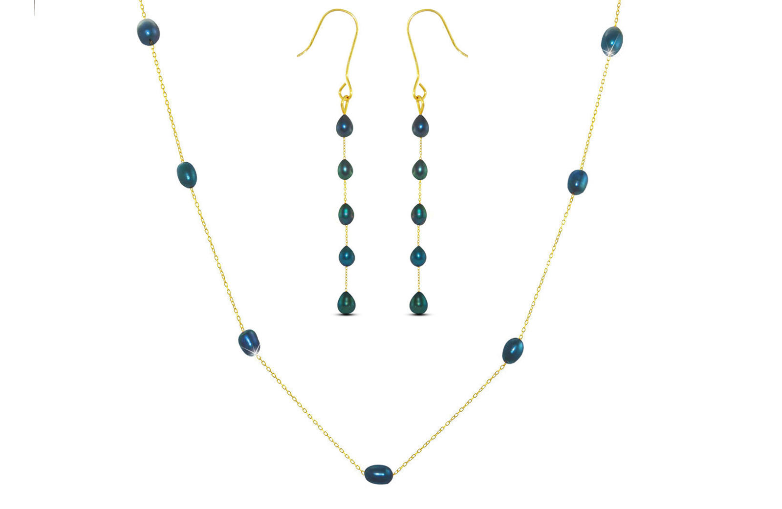 Vera Perla 18K Gold Black  Pearls Jewelry Set - 2 pcs.