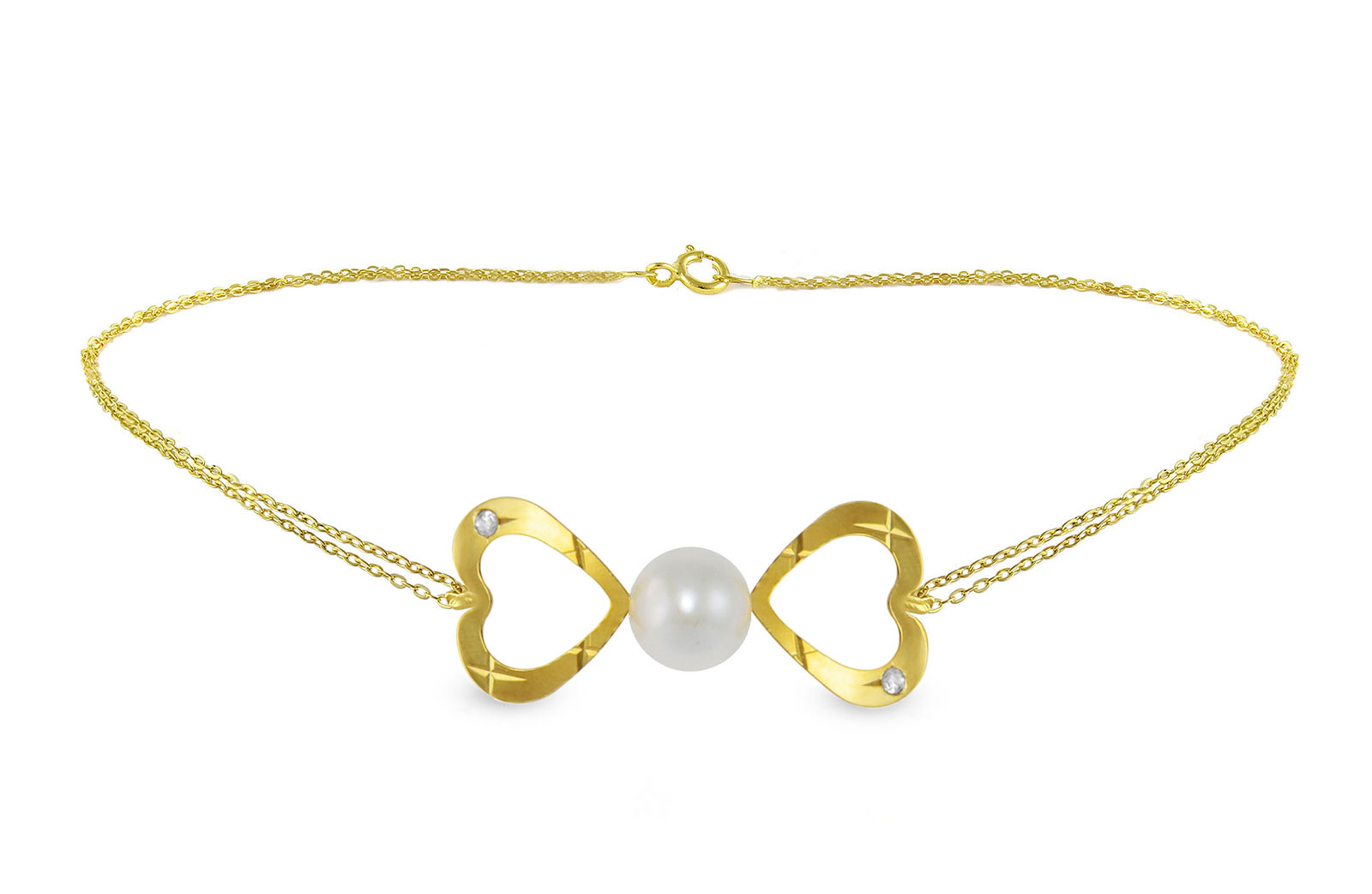 Vera  Perla 18k Gold, 0.02Cts Diamonds, Pearl Bow Hearts Double Link Bracelet