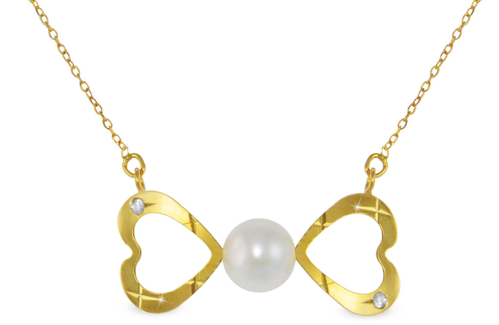 Vera  Perla 18k Gold, 0.02Cts Diamonds, Pearl Bow Hearts Necklace