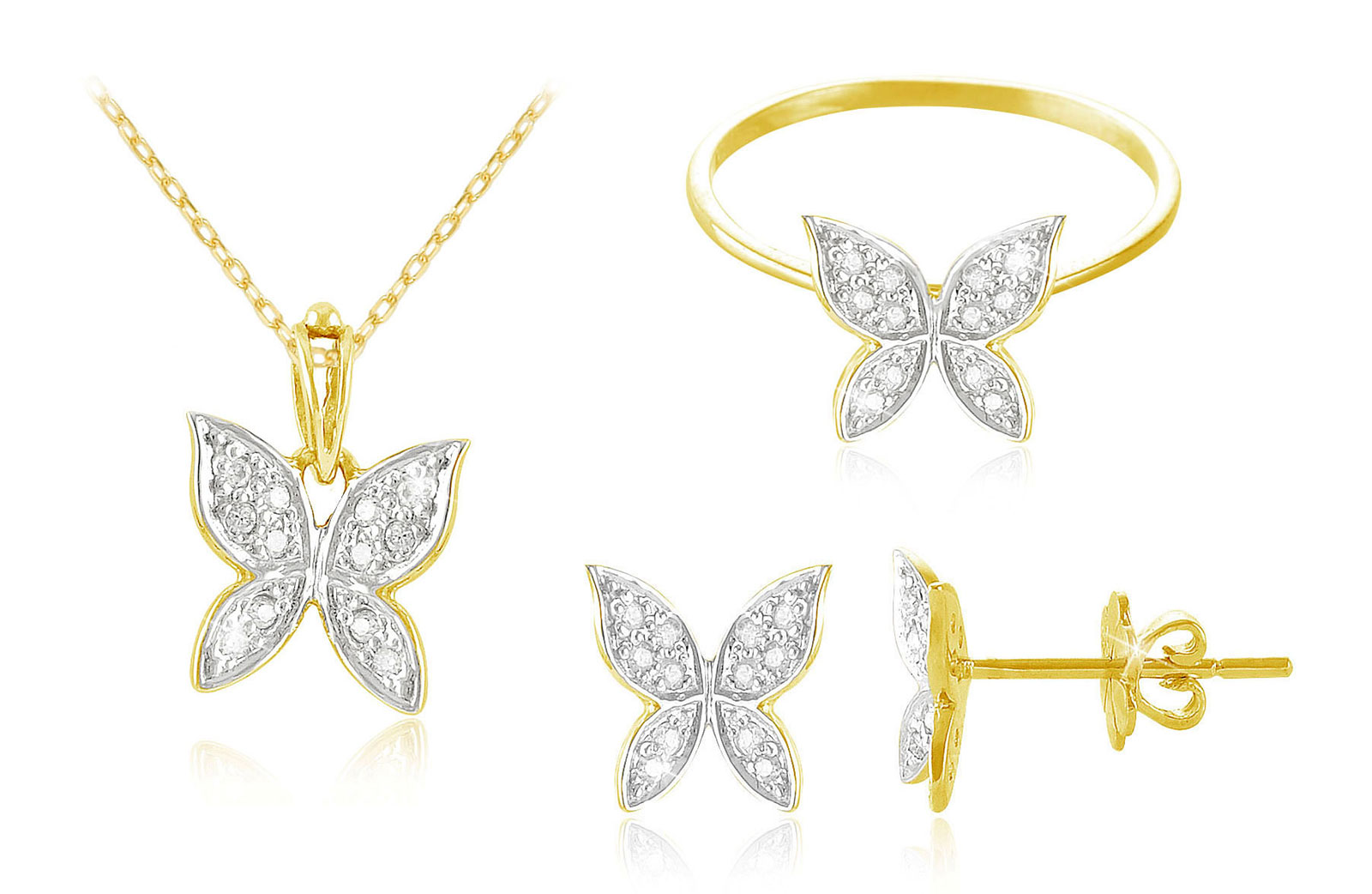 Vera Perla  0.24Cts Diamonds, 18K Yellow Gold Butterfly Jewelry Set