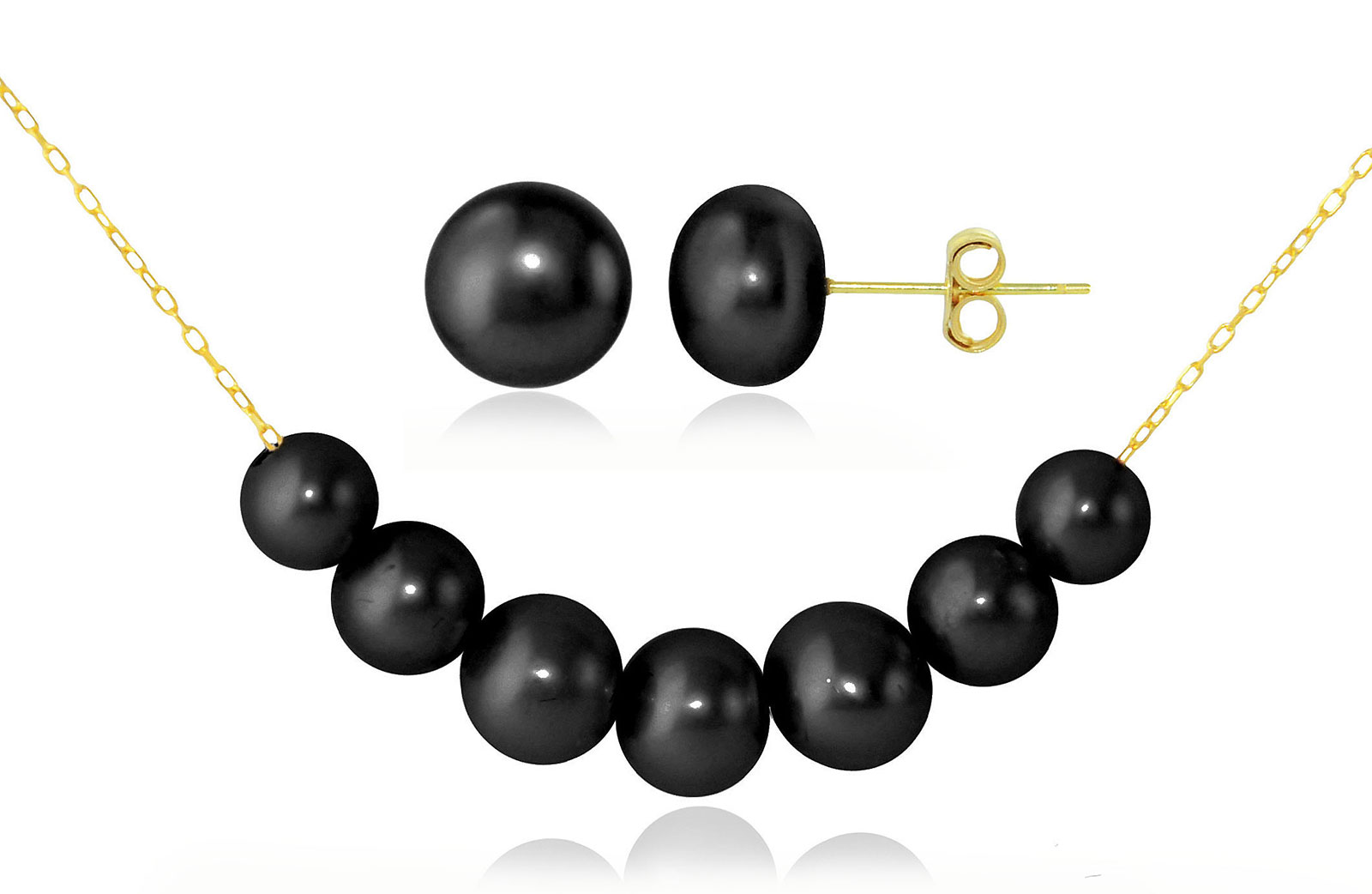 Vera Perla  18k Solid Gold 5-7mm gradual  Black Pearl Necklace+ 18k Gold 7mm Pearl Earrings 