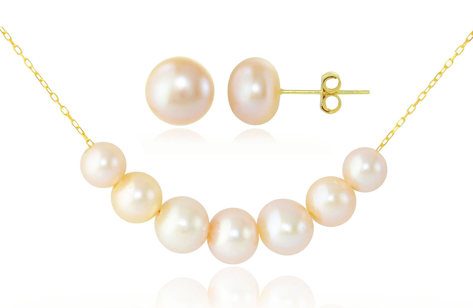 Vera Perla  18k Solid Gold 5-7mm gradual  Light Pink-Orange Pearl Necklace+ 18k Gold 7mm Pearl Earrings 